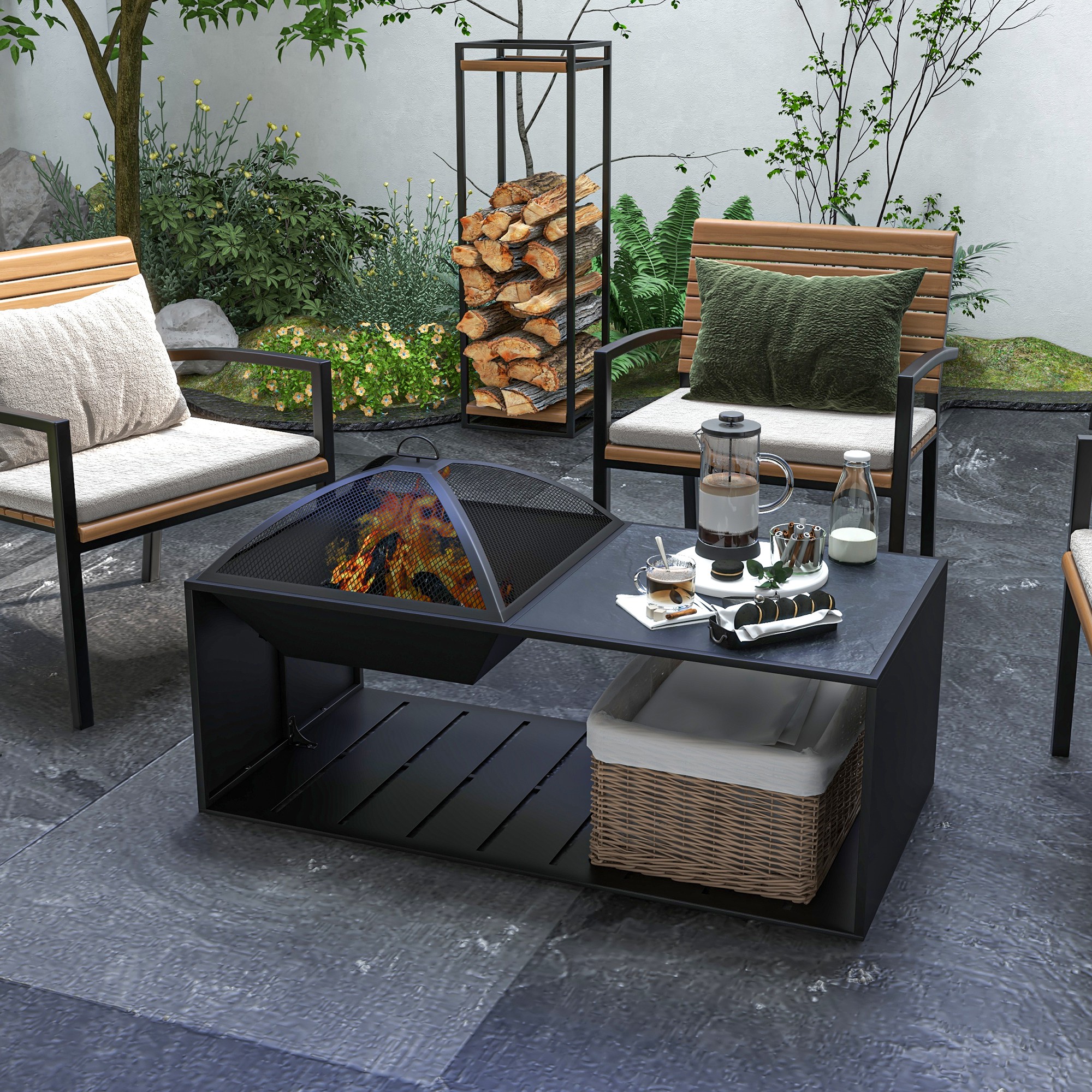 Outsunny Fire Pit Coffee Table with Storage Shelf, Wood-burning