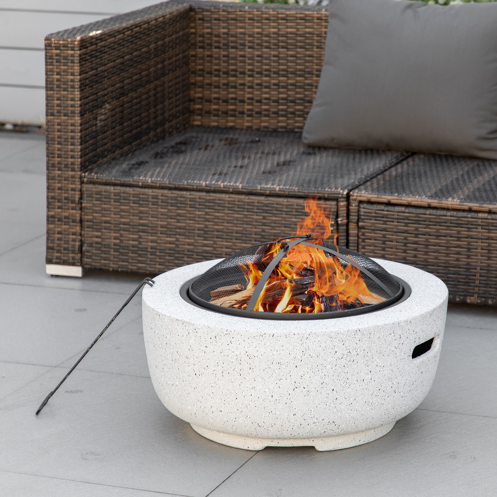 Outsunny 24" Outdoor Fire Pit with Stone Effect, Wood-burning Firepit Fireplace with Spark Screen and Poker for Backyard, Grey Aosom Canada
