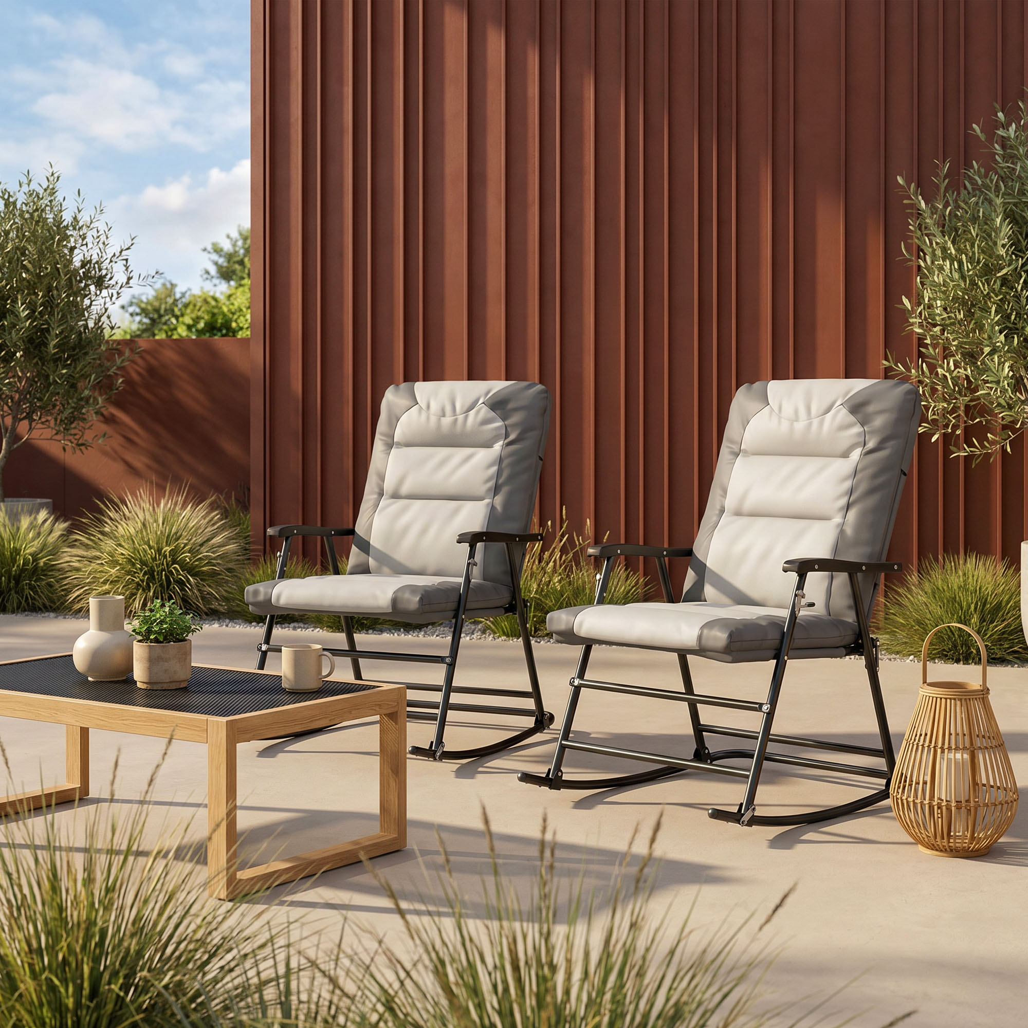 Outsunny Folding Rocking Chair Set of 2 Padded Rockers with Armrest, Light Grey Aosom Canada