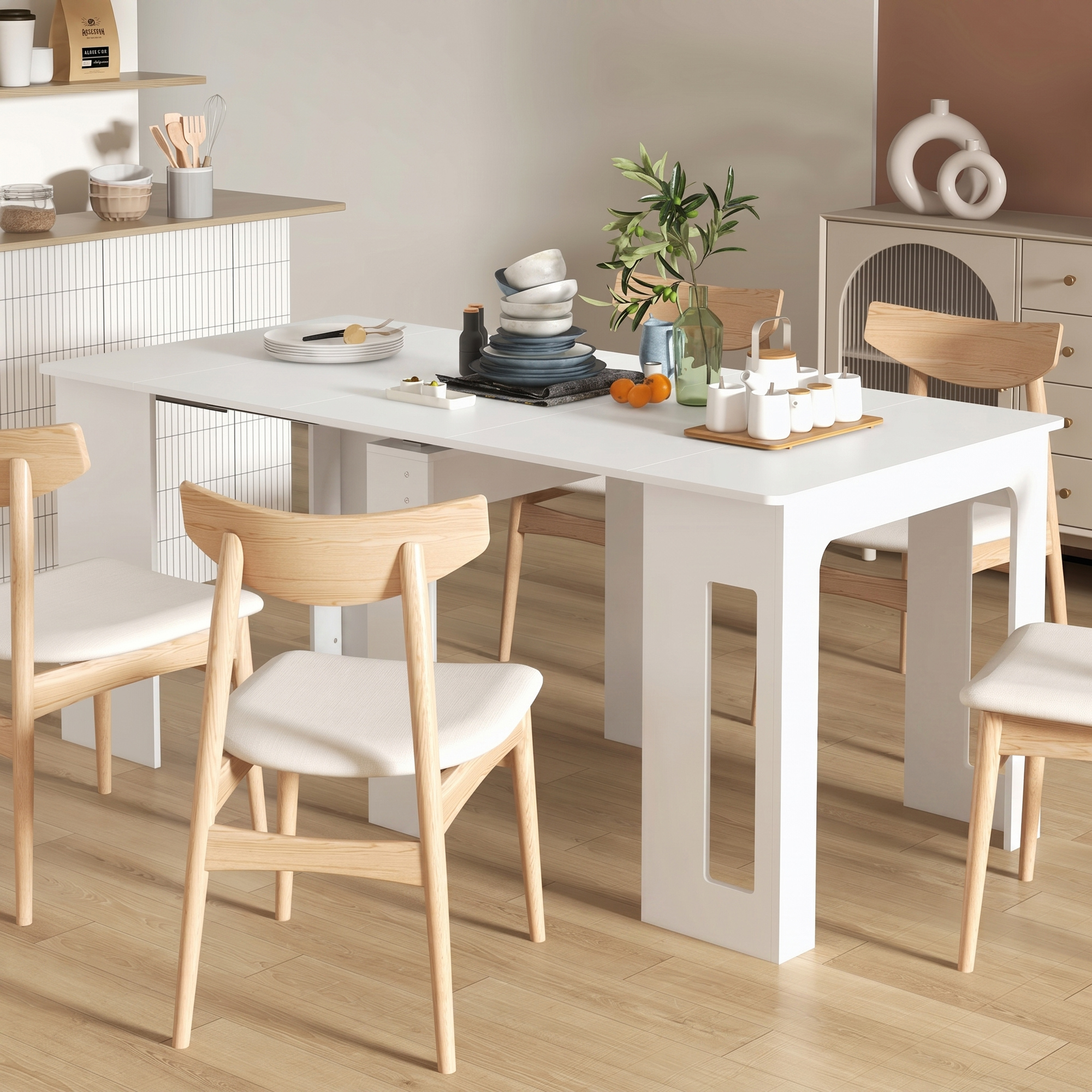 HOMCOM Compact Folding Dining Table Extendable Space Saver Kitchen Furniture Seats 6 White Aosom Canada