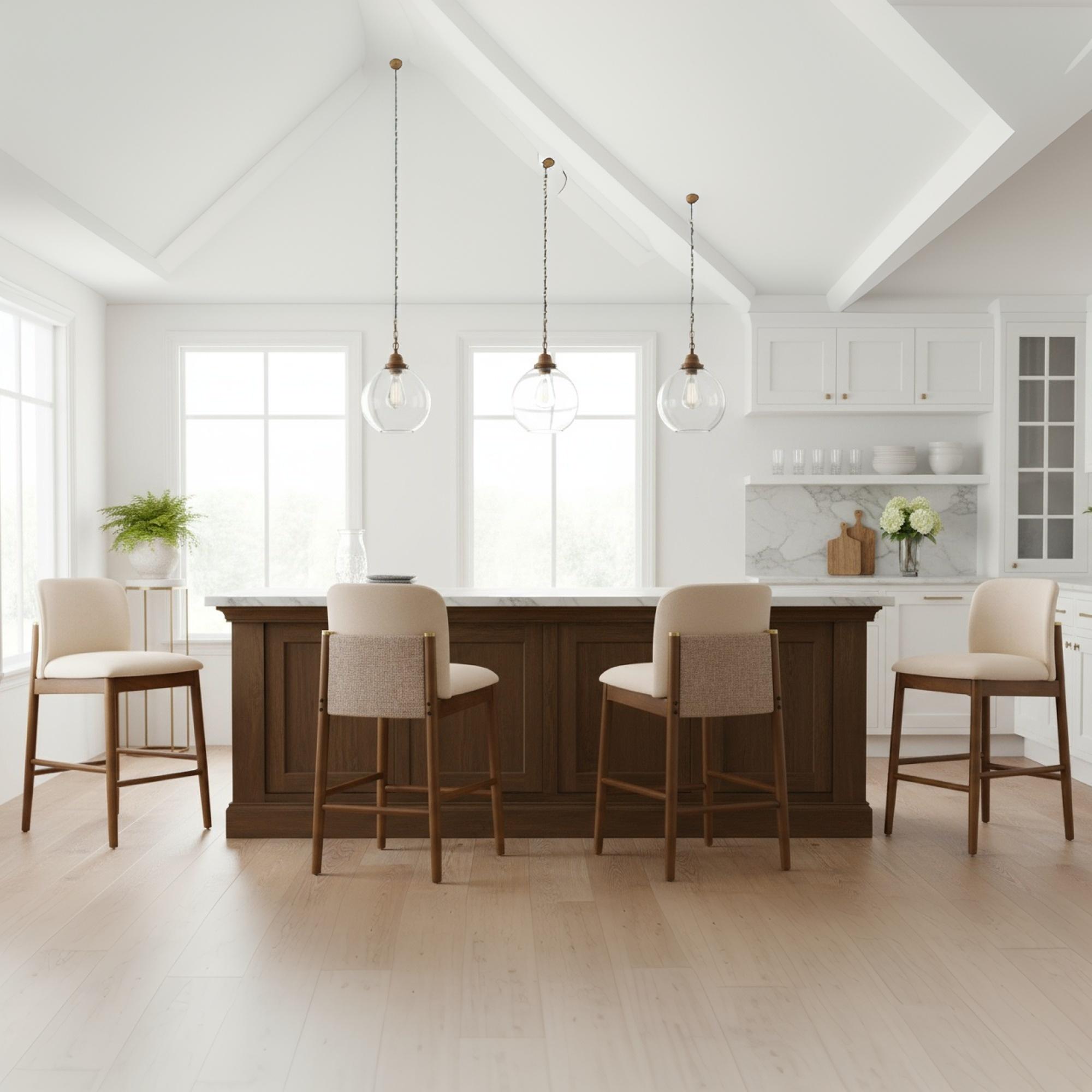 Wooden Stools with Padded Soft Fabric, Bar Chairs with Footrest, 19" L x 22" W x 37" H, Beige+Walnut | Aosom Canada