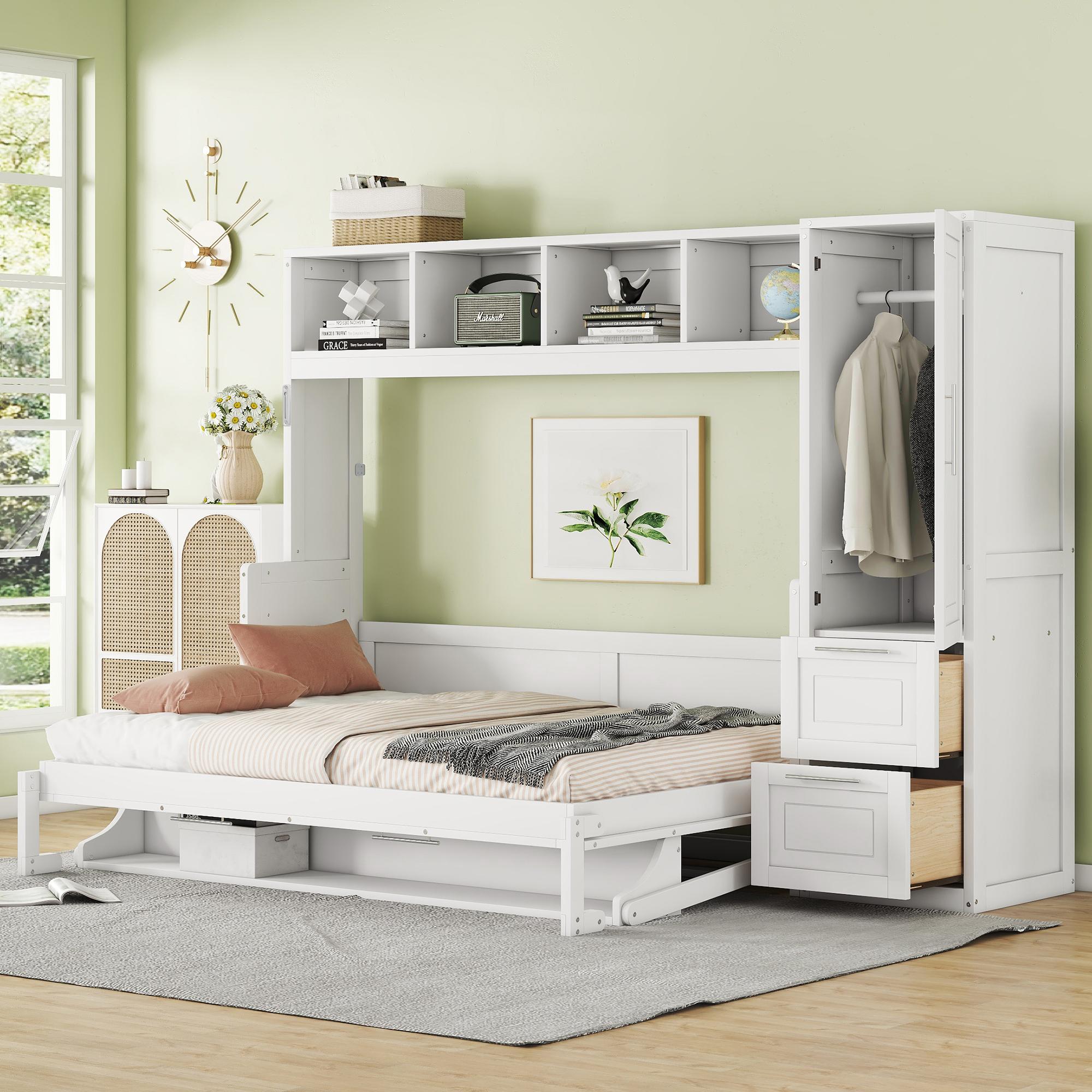 Murphy Wall Bed with Shelf, Bed Frame with Closet and 2 Drawers, 107.5" L x 58" W x 72" H, White Aosom Canada