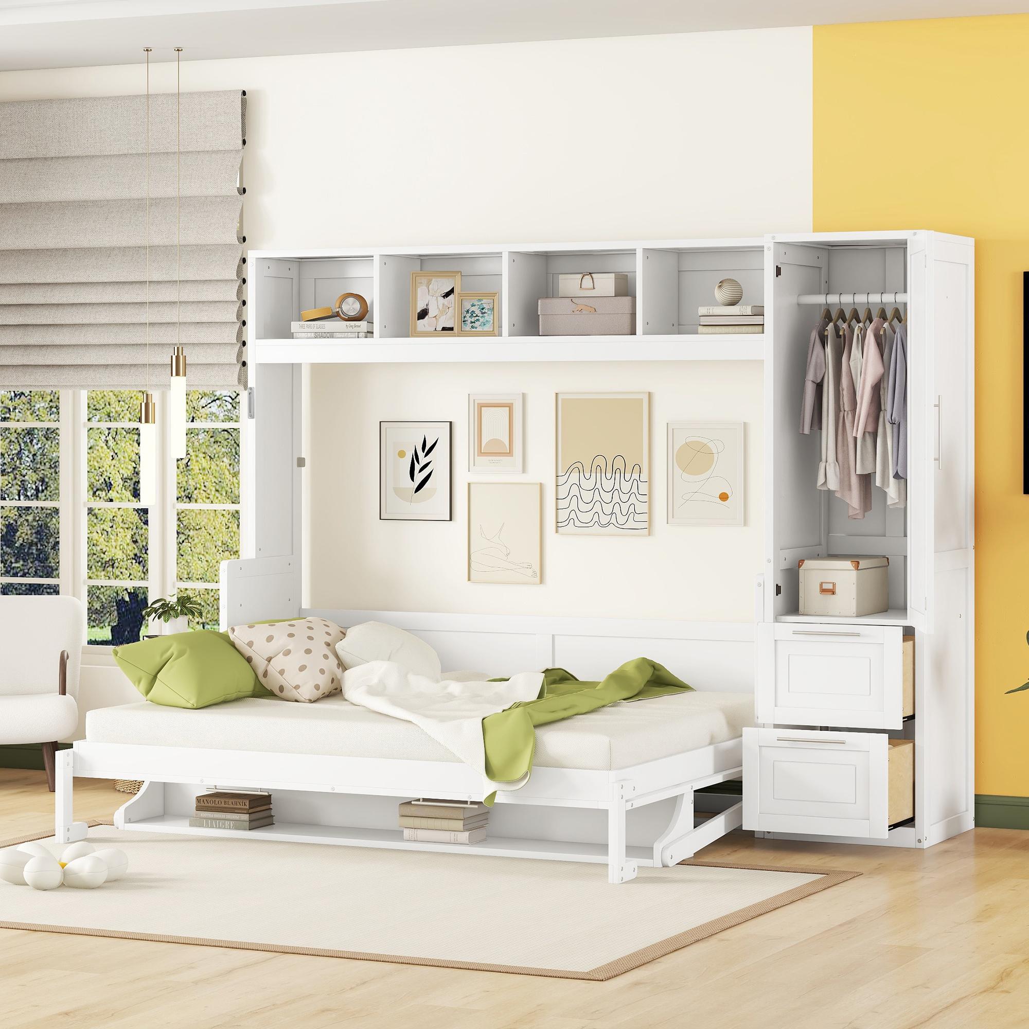 Murphy Wall Bed with Shelf, Bed Frame with Closet and 2 Drawers, 112" L x 65" W x 78.5" H, White Aosom Canada