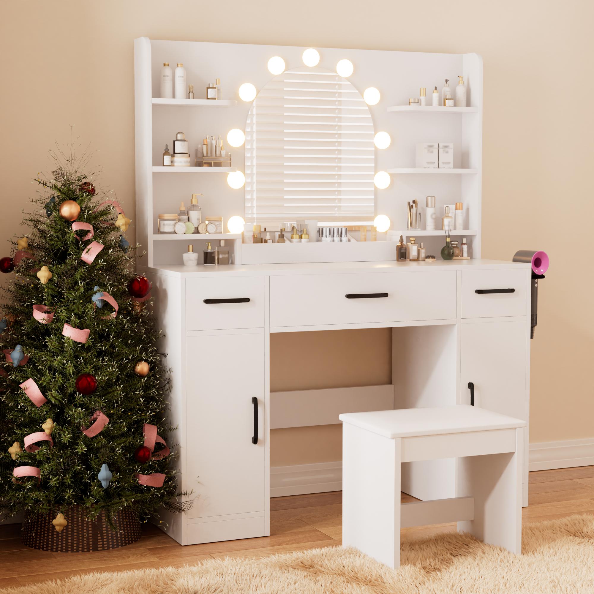 Makeup Vanity Desk with 6 Shelves, Makeup Vanity with LED Mirror, 44.5" L x 14" W x 55" H, White | Aosom Canada