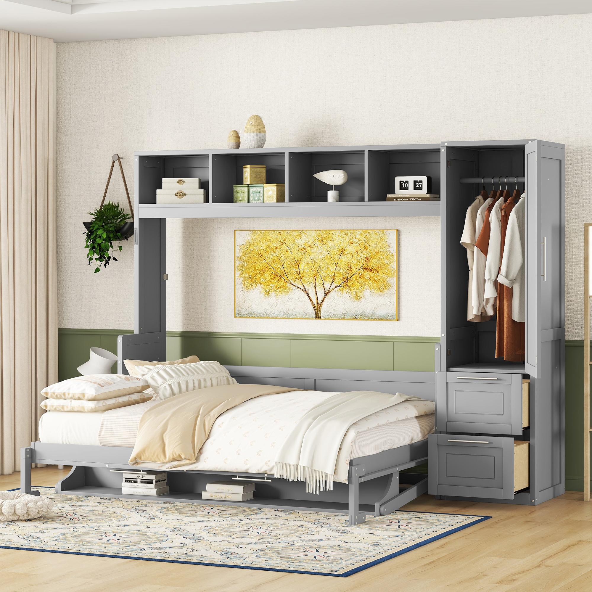 Murphy Wall Bed with Shelf, Bed Frame with Closet and 2 Drawers, 112" L x 65" W x 78.5" H, Gray Aosom Canada