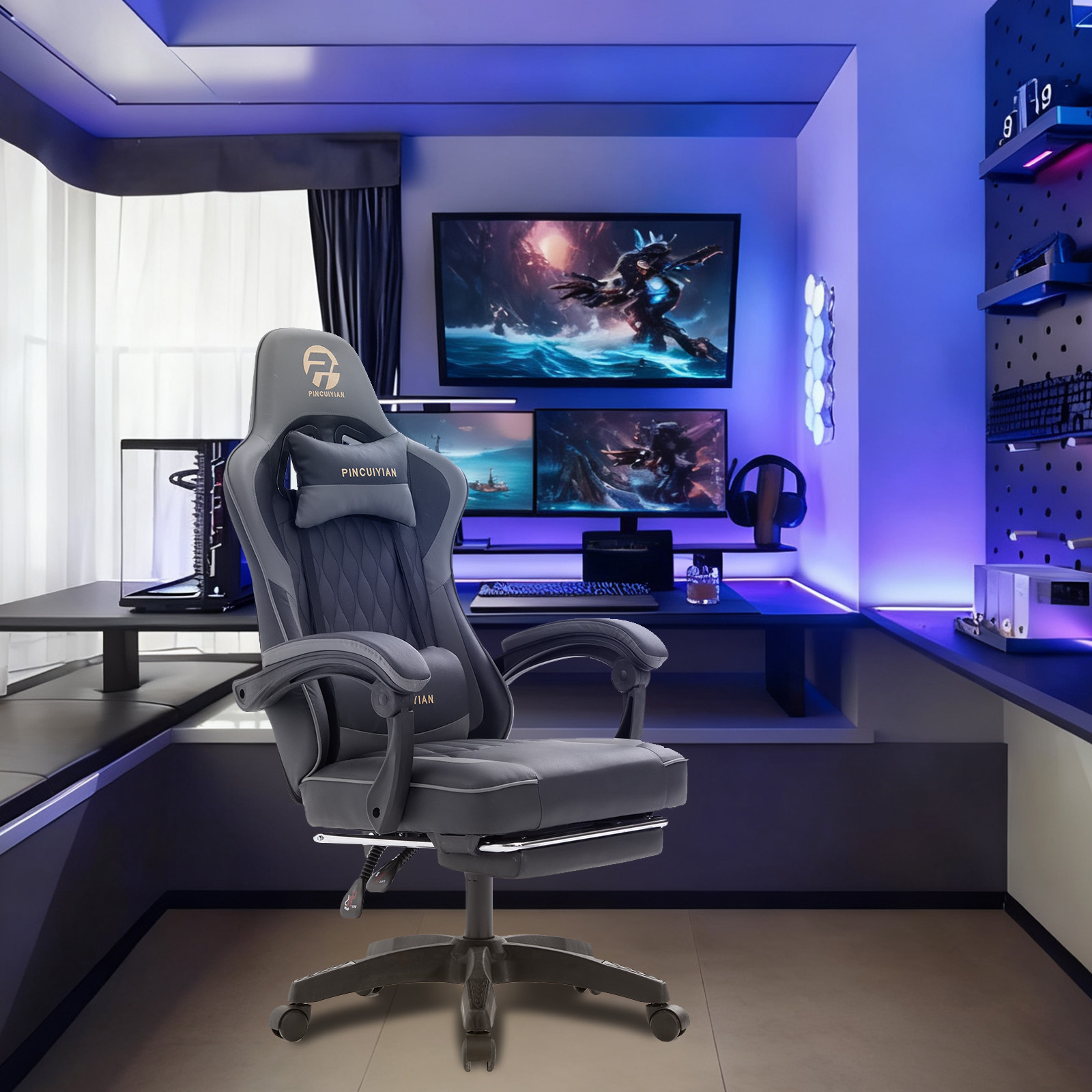 Ergonomic Gaming Chair with Adjustable Lumbar Support, Ideal Computer Seat for Home Offices, Gaming Setups, 25″L x 25″W x 51″H, Gray