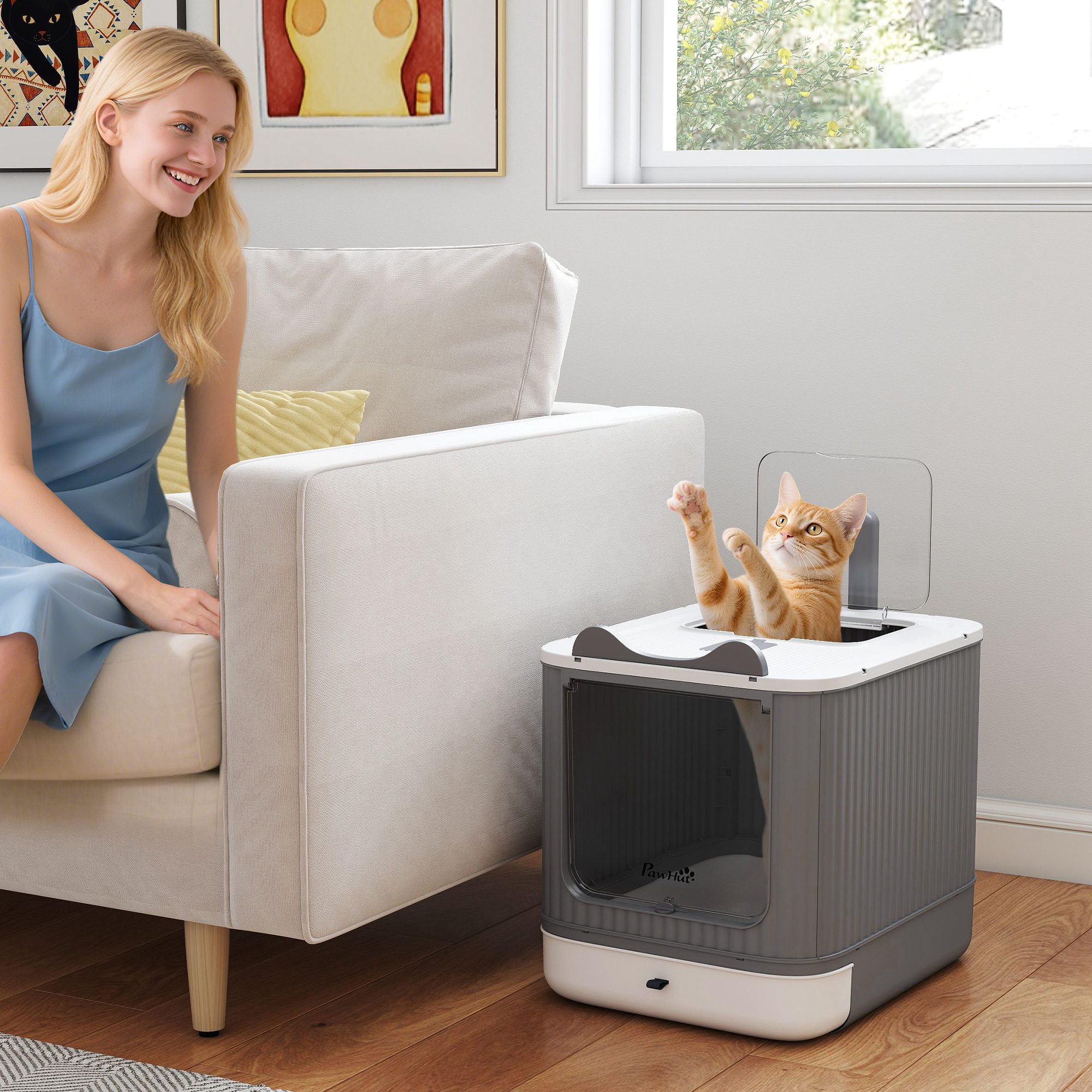PawHut Litter Box with Lid, Enclosed Kitty Litter Box with Front-Entry, Top-Exit, Scoop, Deodorizer Bag for Medium Cats, White Aosom Canada