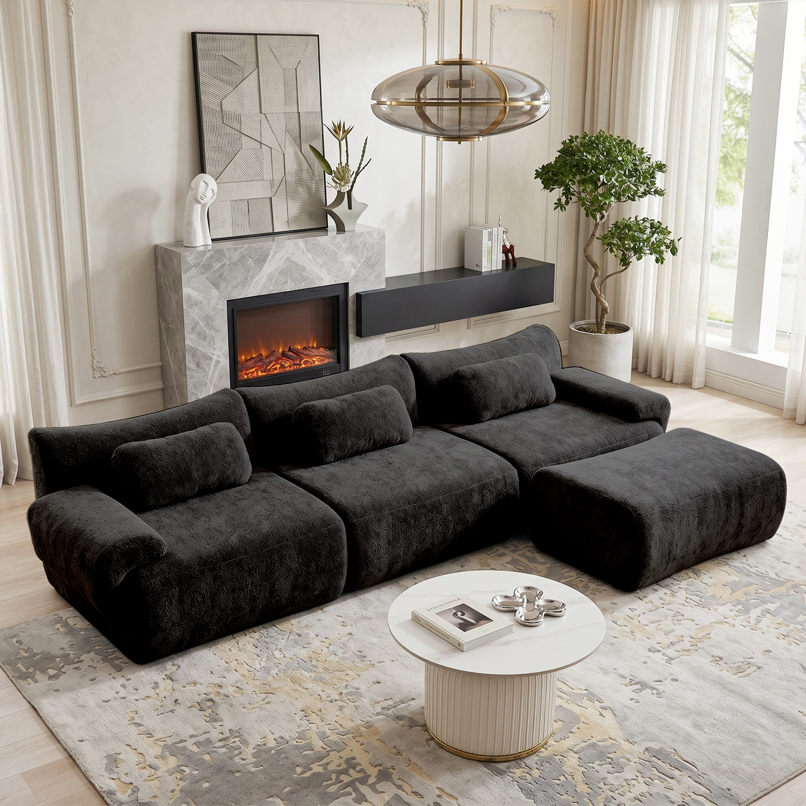 L-Shaped Compressed Sofa with High-Density Chenille Fabric and Supportive Backrests, Stylish Couch with Boneless Construction, 126"L x 68.5"W x 32"H, 
