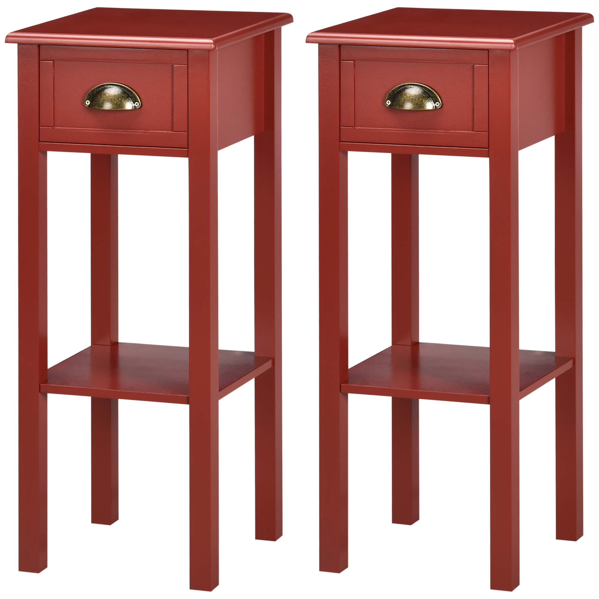 HOMCOM 2-Tier Nightstand, Side Table with Drawer and Shelf for Living Room or Bedroom, Set of 2, Red