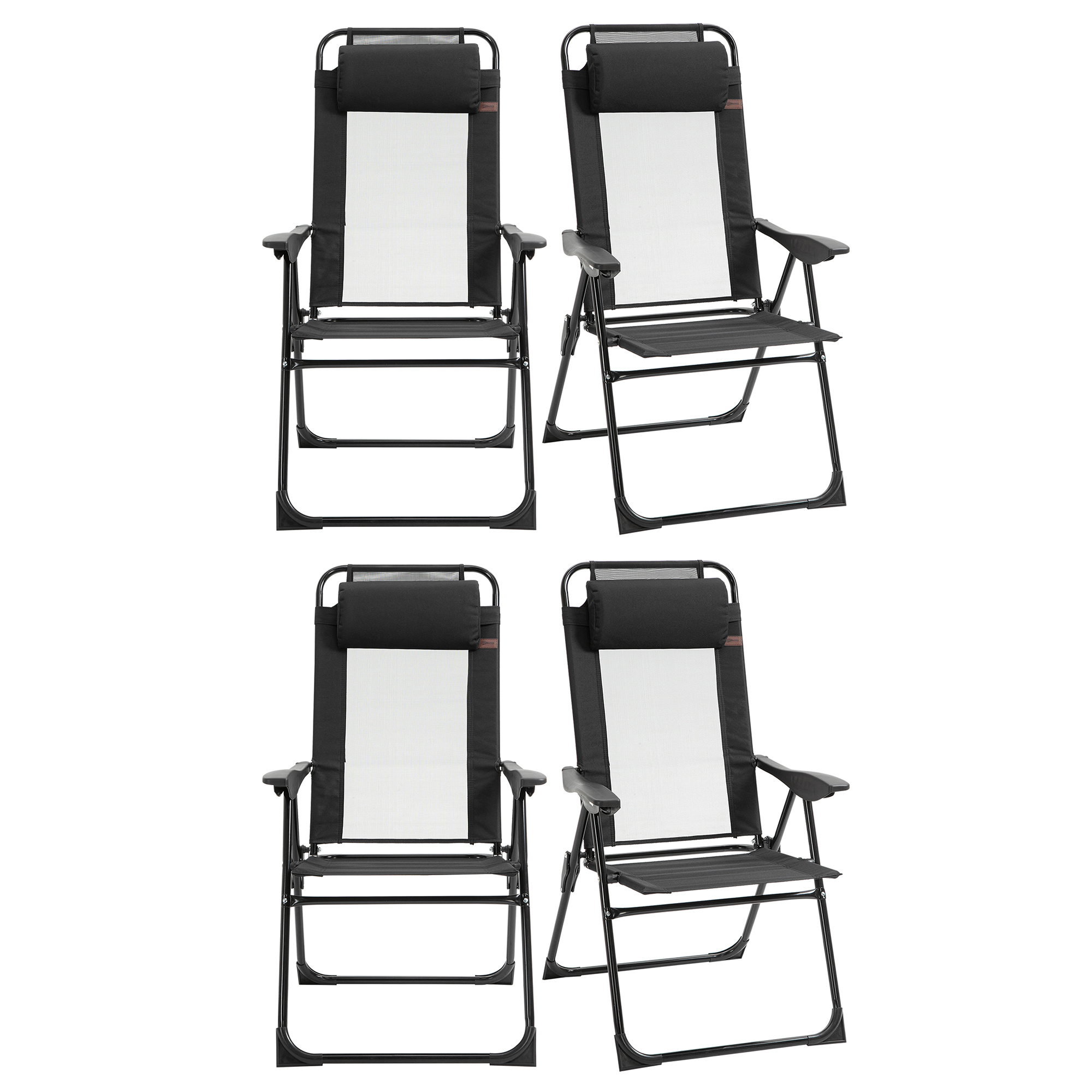 Outsunny Set of 4 Folding Patio Chairs, Camping Chairs with Adjustable Sling Back, Removable Headrest, Armrest for Garden, Backyard, Lawn, Black