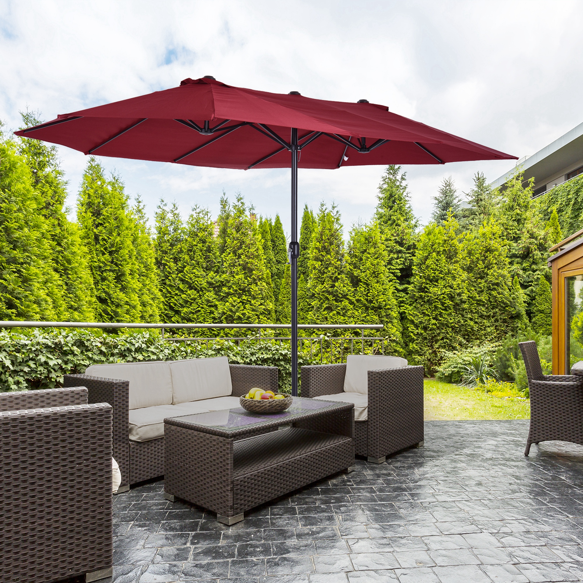Outsunny 15ft Double-Sided Patio Umbrella Large Outdoor Umbrella with Lift Crank Wine Red Aosom Canada