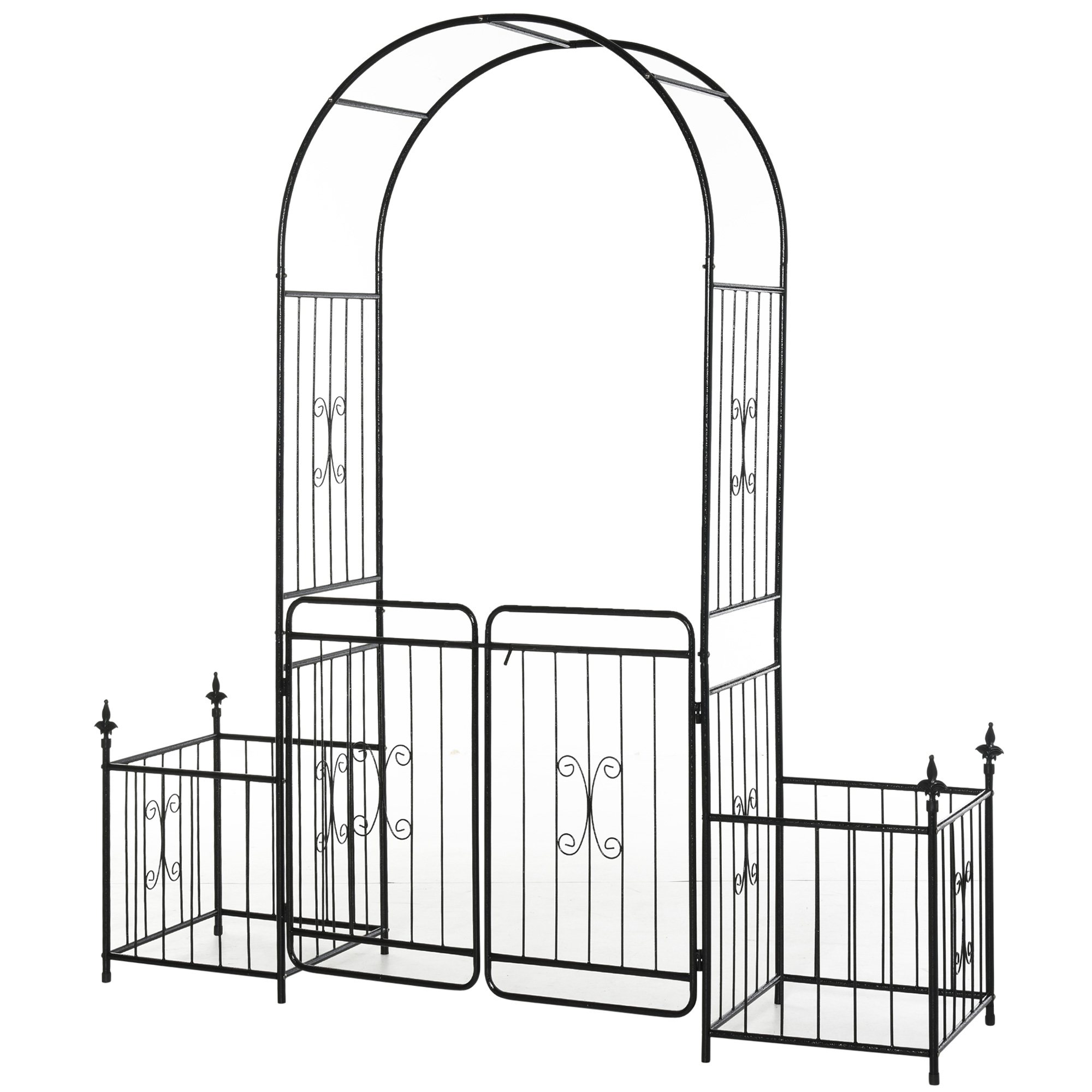 Outsunny 86" Garden Arch Arbor, Metal Arch Trellis with Gate and Planter Baskets, Garden Archway for Climbing Vines, Wedding Ceremony Decoration, Flou