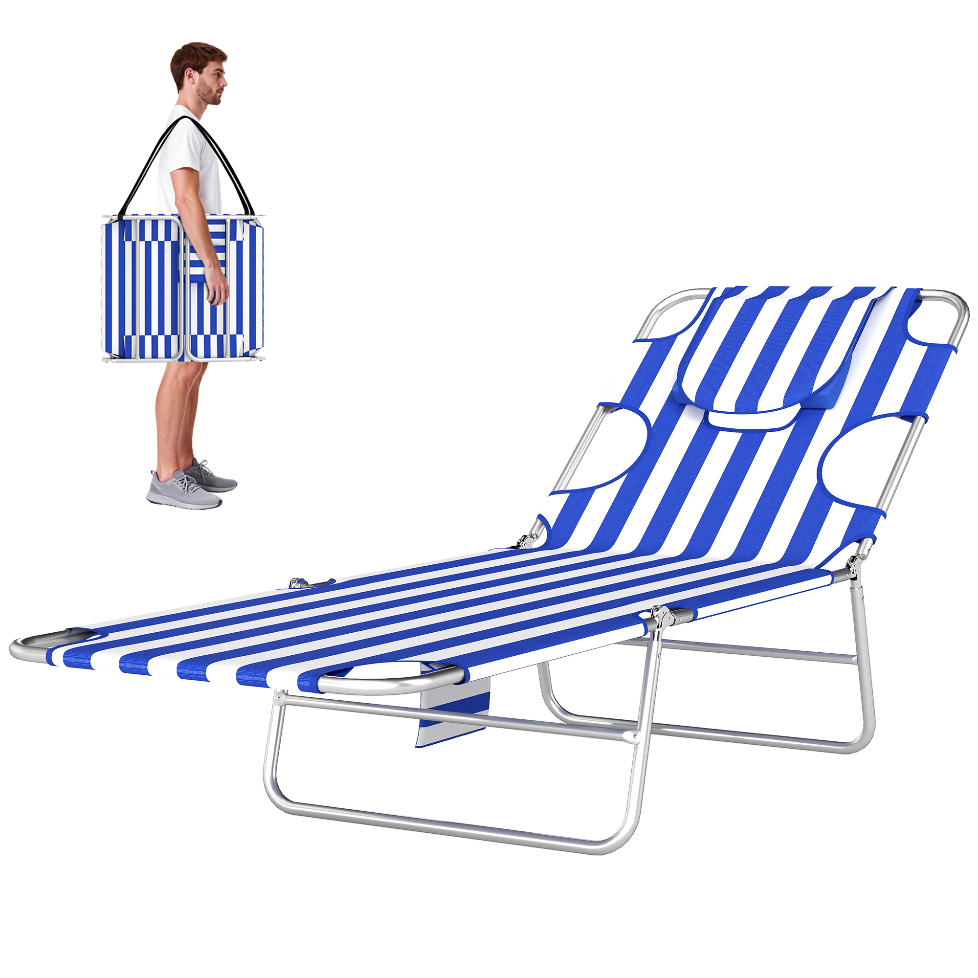Outsunny Tanning Chair with Face Hole, 5-Level Adjustable Outdoor Chaise Lounge Chair with Pillow for Beach, Pool, Blue Stripes