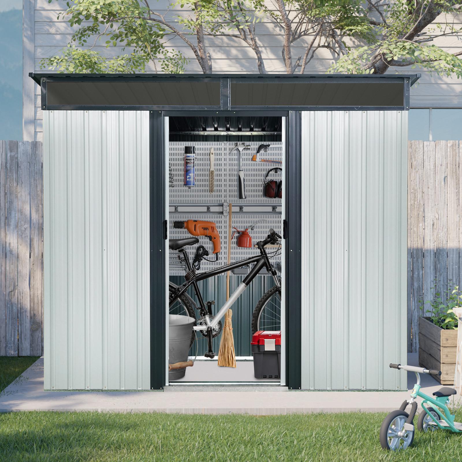 Outdoor Storage Shed with Lockable Sliding Doors, Peaked Roof Metal House for Garden Tools, 93.5'' L x 68.5'' W x 77'' H, White+Black | Aosom Canada
