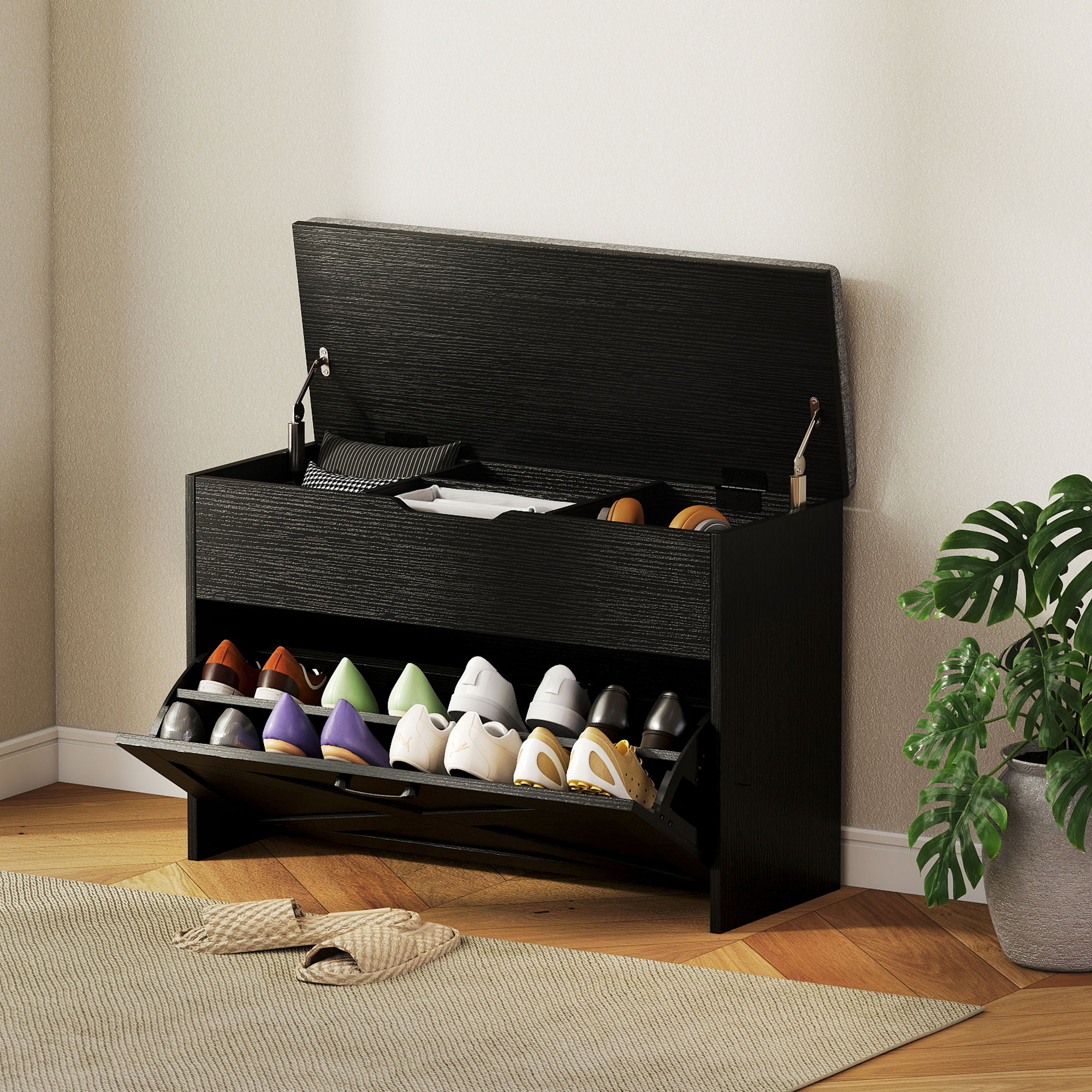 HOMCOM Shoe Storage Bench with Flip Drawer and Lift Top Storage, Entryway Bench with Seat Cushion for Hallway, Black Aosom Canada