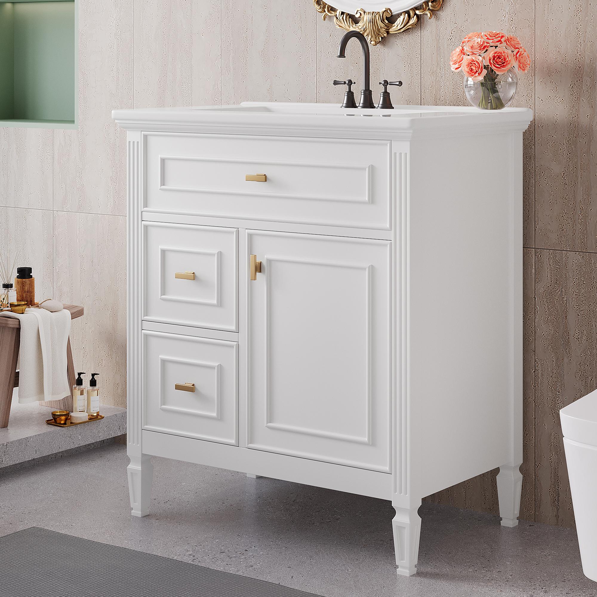Vanity with Tip-Out Top Drawer and 2 Left-Side Drawers, Ideal Cabinet for Small-To-Medium Bathrooms, 30" L x 18.5" W x 33.5" H, White | Aosom Canada