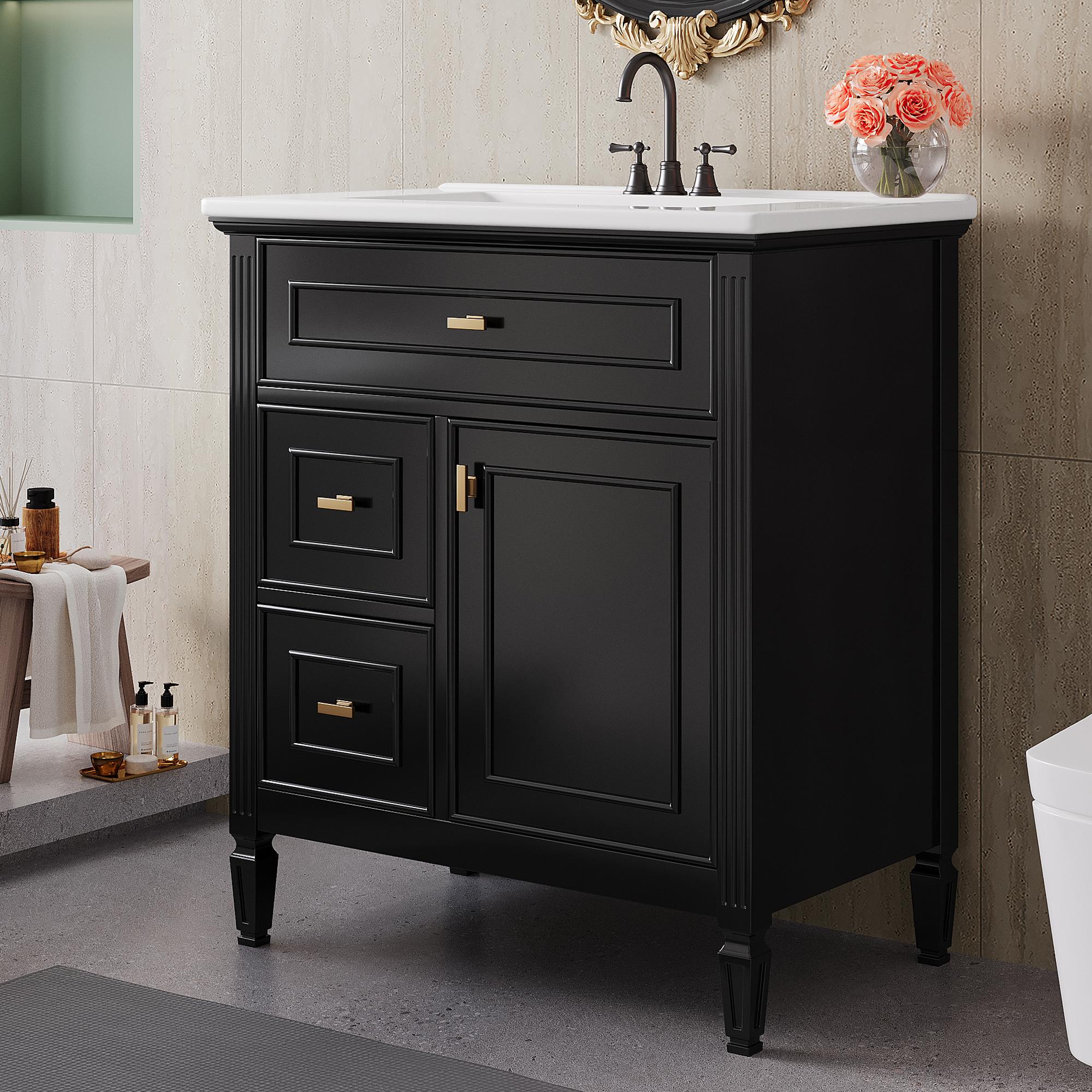 Vanity with Tip-Out Top Drawer and 2 Left-Side Drawers, Ideal Cabinet for Small-To-Medium Bathrooms, 30" L x 18.5" W x 33.5" H, Black | Aosom Canada