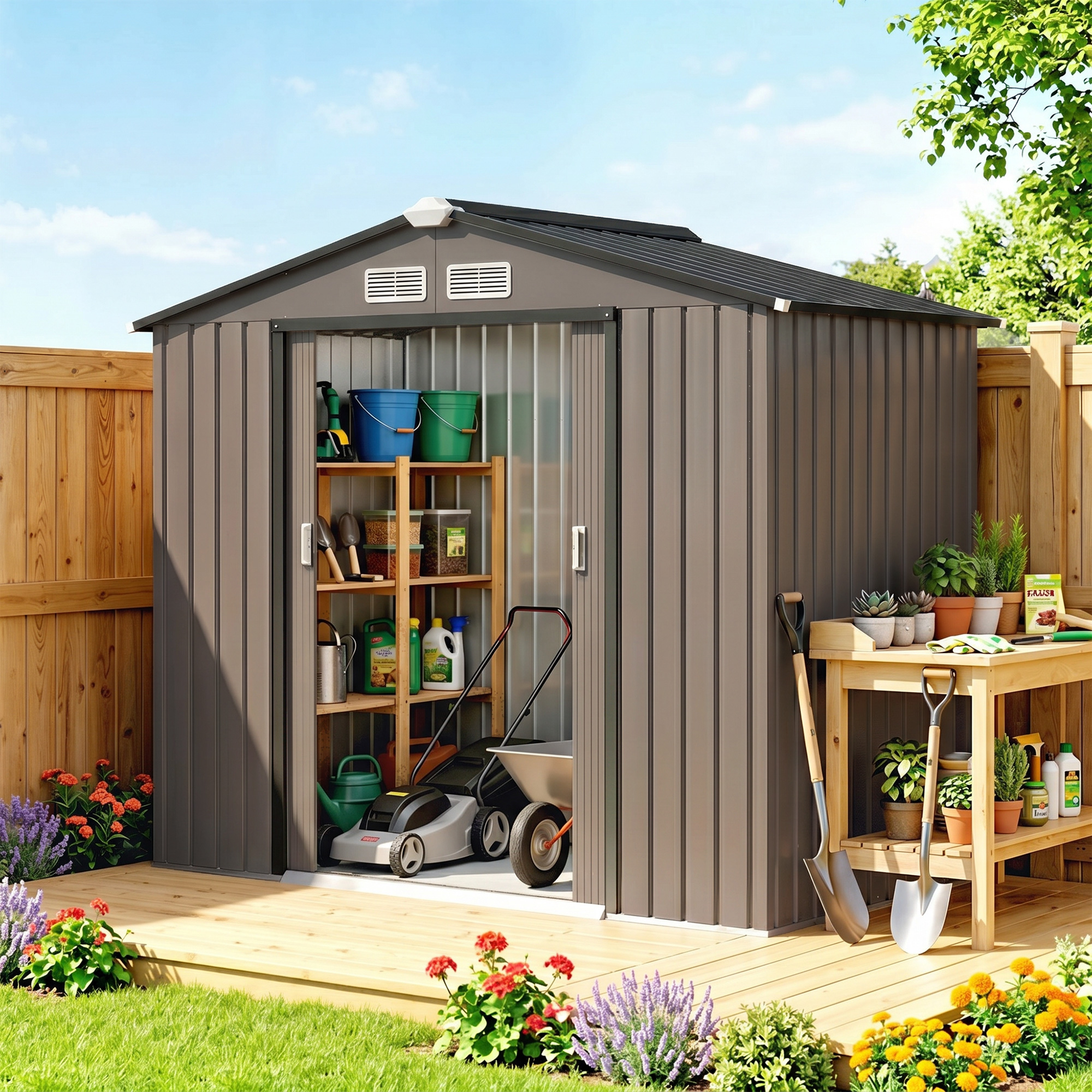 Outsunny 7' x 4' x 6' Garden Storage Shed, Outdoor Metal Tool Storage House with Double Doors, Foundation and 4 Vents, Brown Aosom Canada
