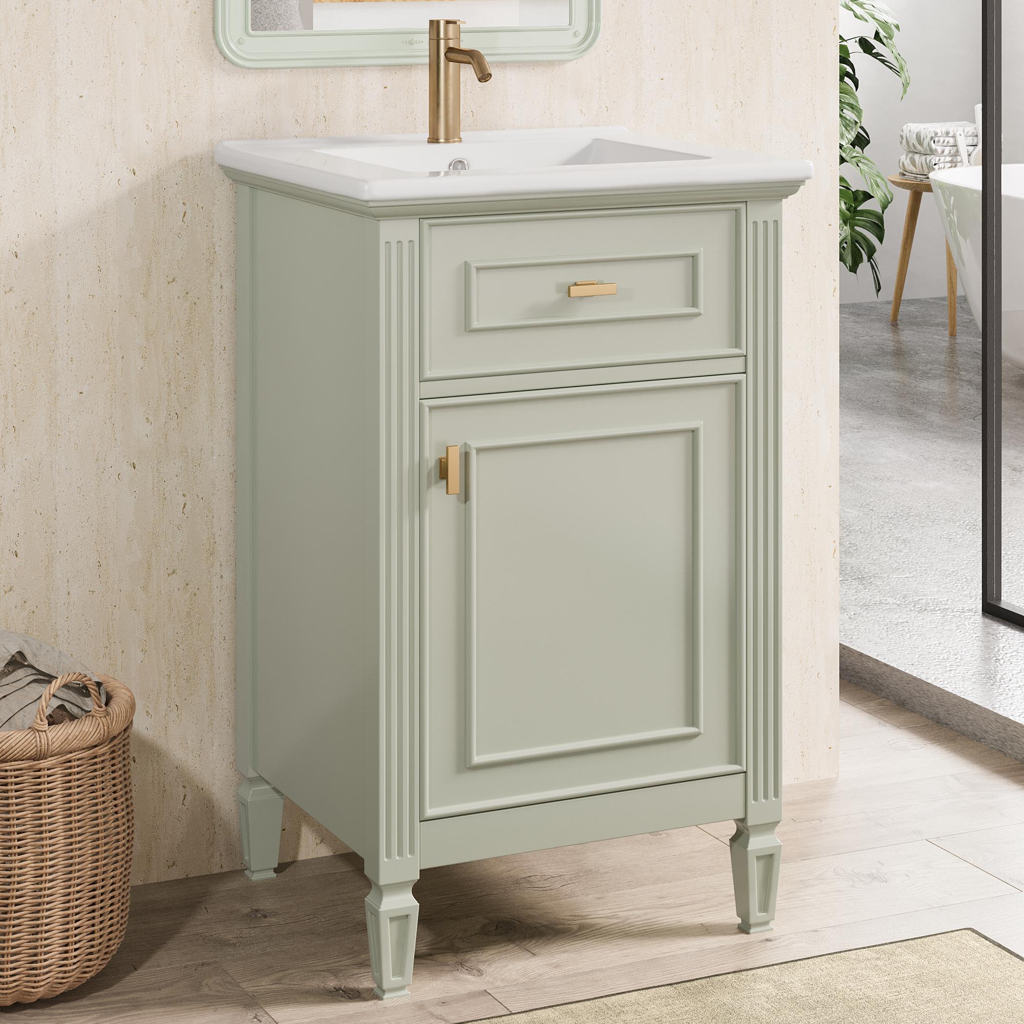 Bathroom Vanity with Ceramic Sink and Tip-Out Top Drawer, Perfect Cabinet for Compact Bathrooms, 20" L x 18.5" W x 33.5" H, Green | Aosom Canada
