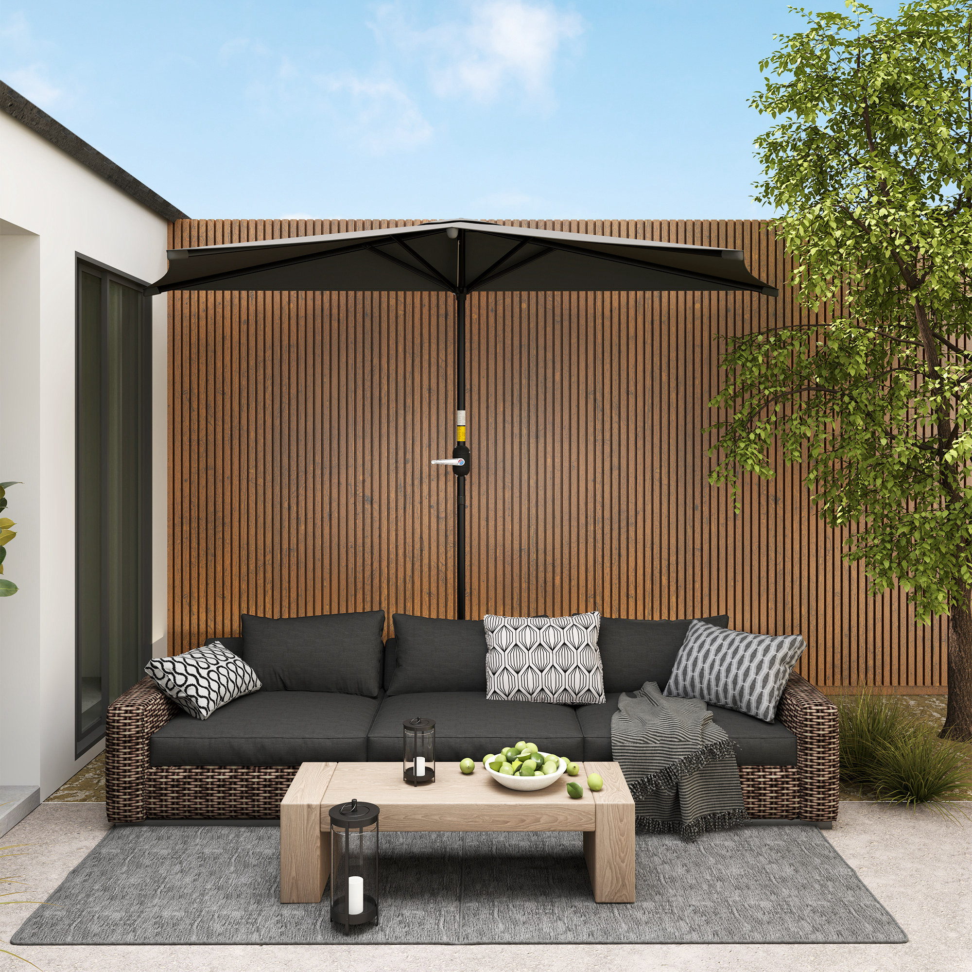 Outsunny 9.8ft Half Umbrella Semi Round Patio Parasol with Crank Handle, Top Vent for Garden, Balcony- NO BASE INCLUDED Dark Grey Aosom Canada