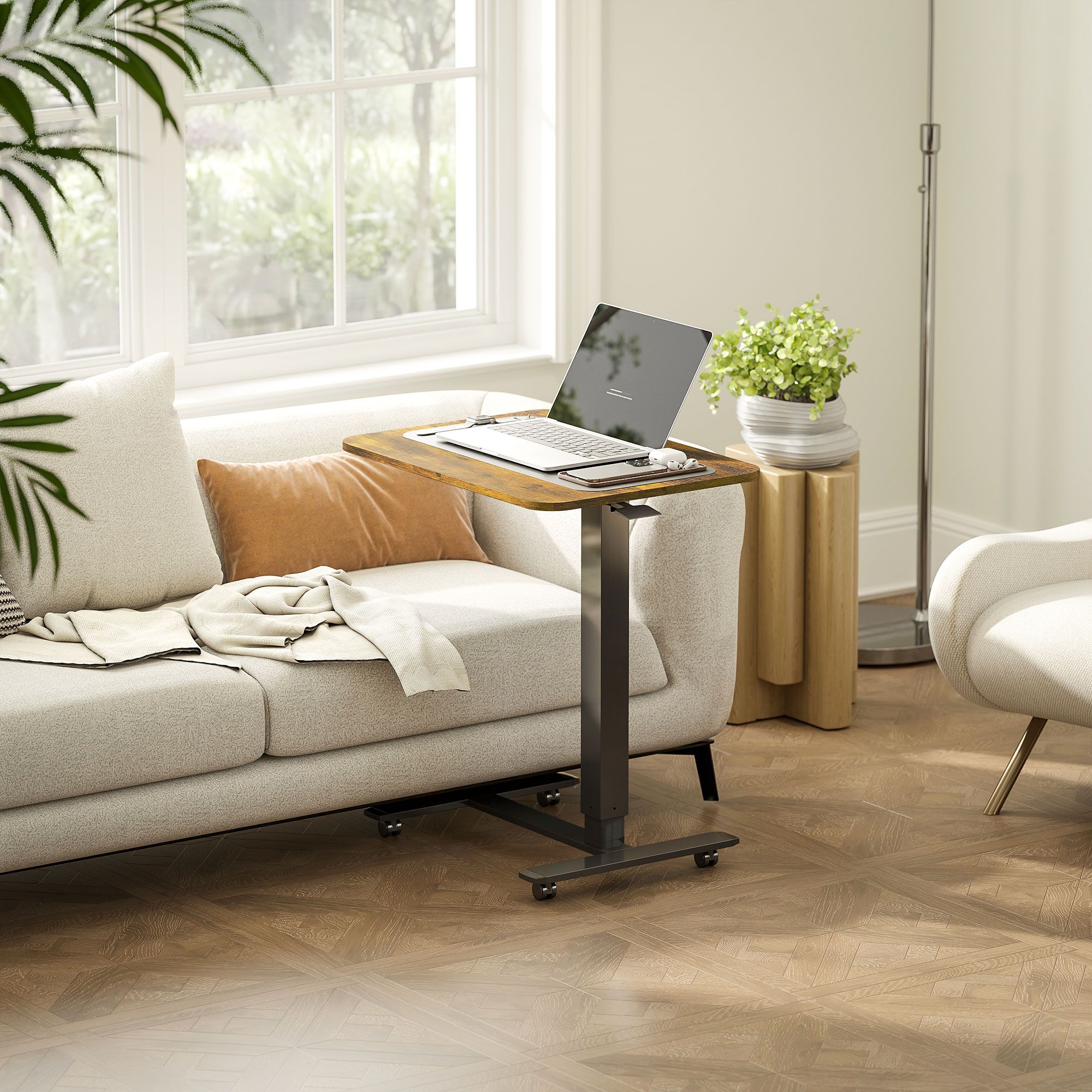 HOMCOM Pneumatic Standing Desk Adjustable Height, Mobile Stand Up Desk with Wheels, 43 Inch Rolling Table, Rustic Brown Aosom Canada