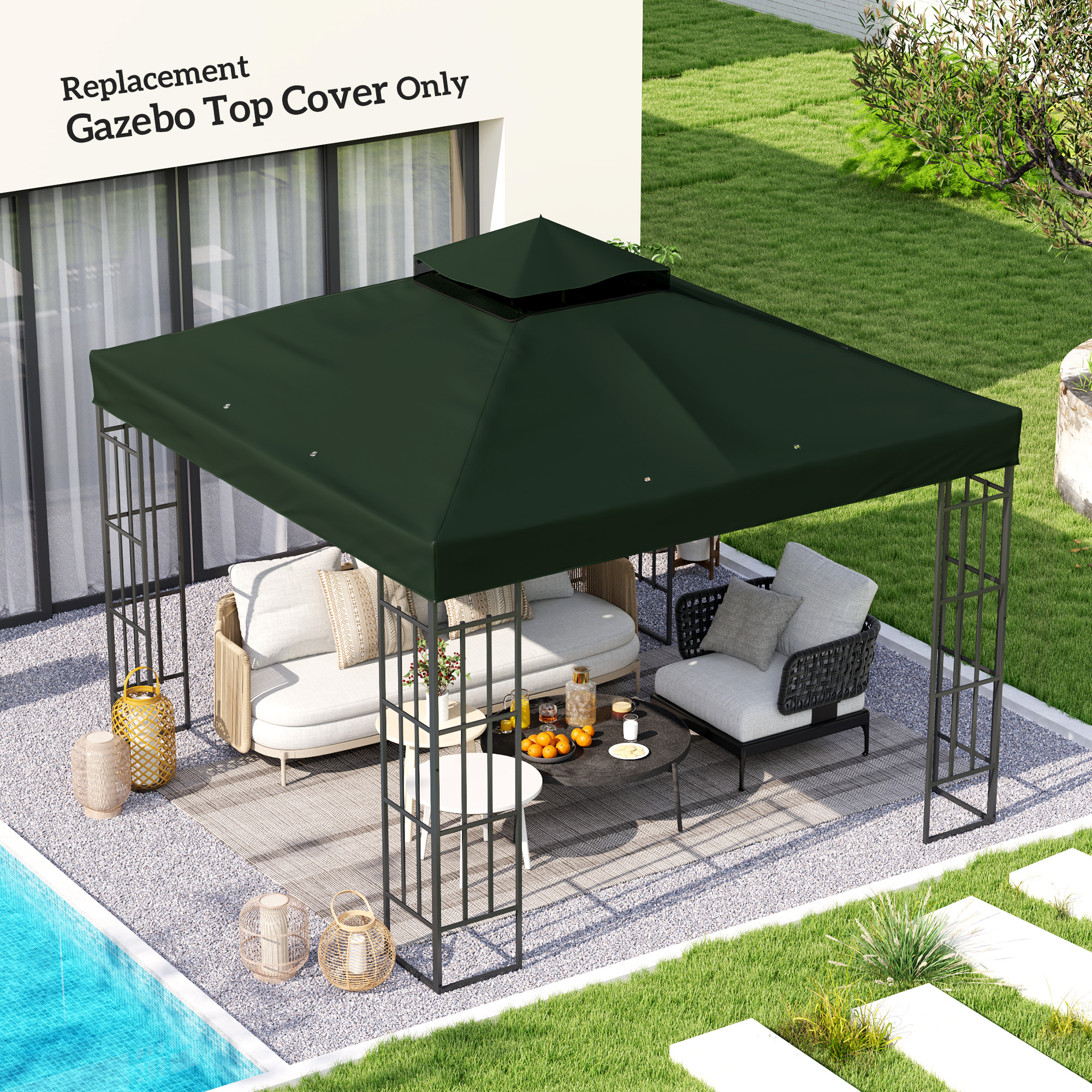 Outsunny 10' x 10' Gazebo Canopy Replacement Cover, 2-Tier Garden Gazebo Roof Replacement, UPF30+, TOP COVER ONLY, Green Aosom Canada