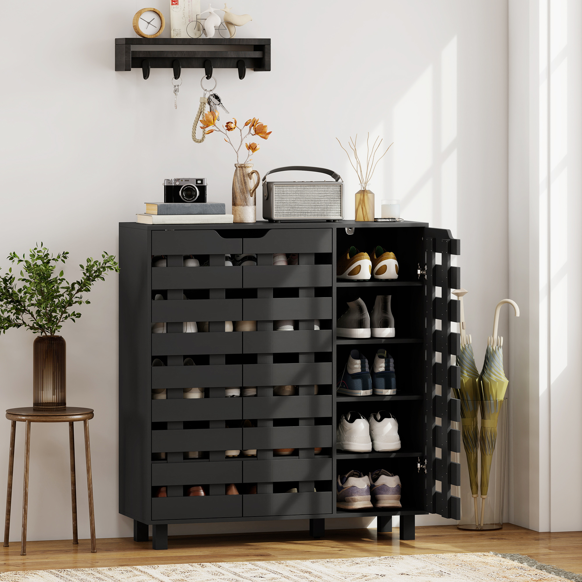 HOMCOM Shoe Cabinet, 21 Pair Shoe Storage Cabinet with Hollowed-Out Doors, Black Aosom Canada