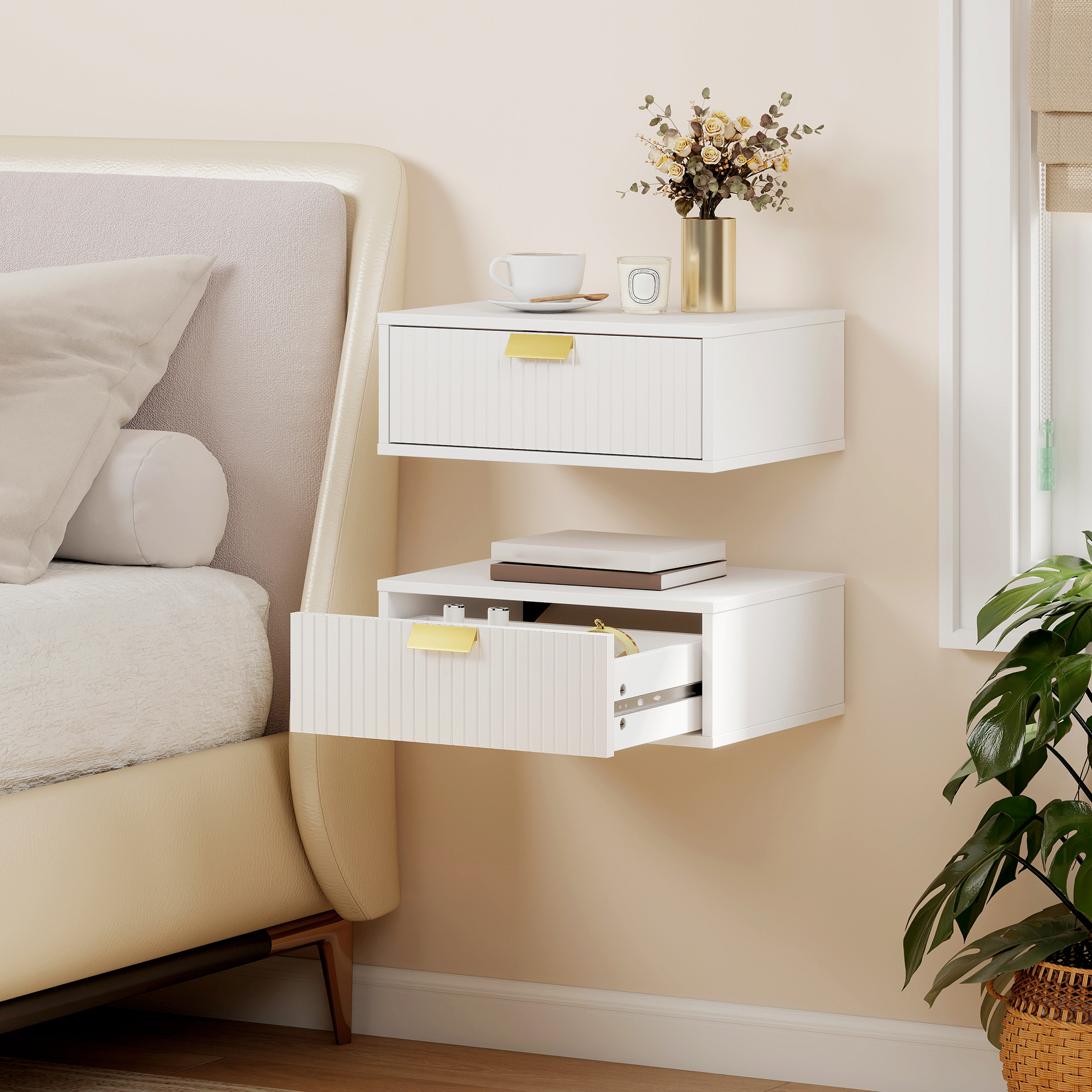 HOMCOM Modern Floating Nightstands Set of 2, Wall Mounted Bedside Tables with Wave Drawer White Aosom Canada