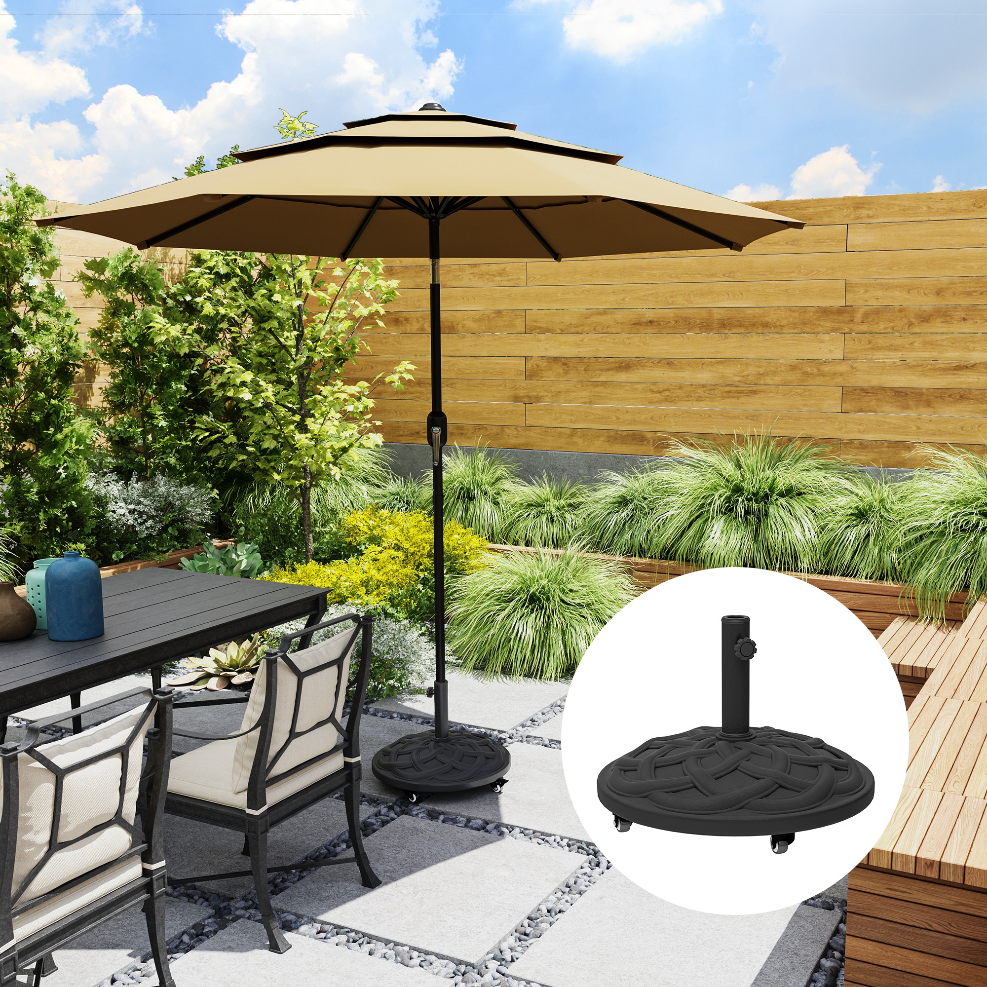 Outsunny Round Patio Umbrella Base with Wheels, 44 lbs Resin Umbrella Stand Base, 1.3"/1.5"/1.9" Umbrella Poles Black Aosom Canada