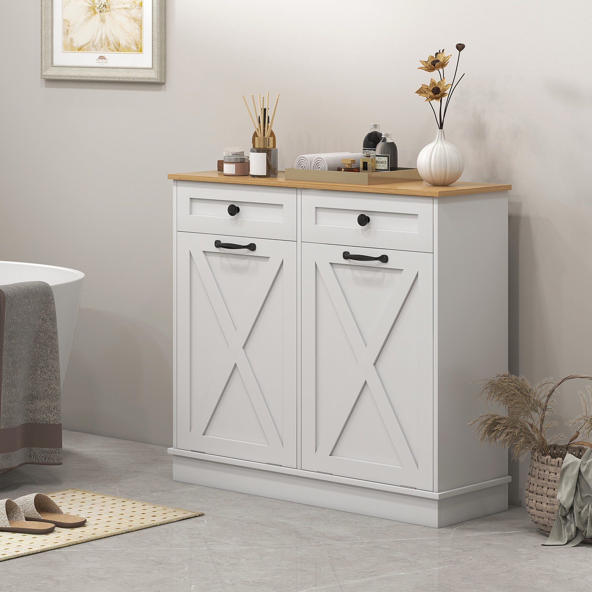 HOMCOM Tilt Out Laundry Cabinet, Bathroom Storage Cabinet with 2 Removable Baskets and 2 Drawers, White Aosom Canada