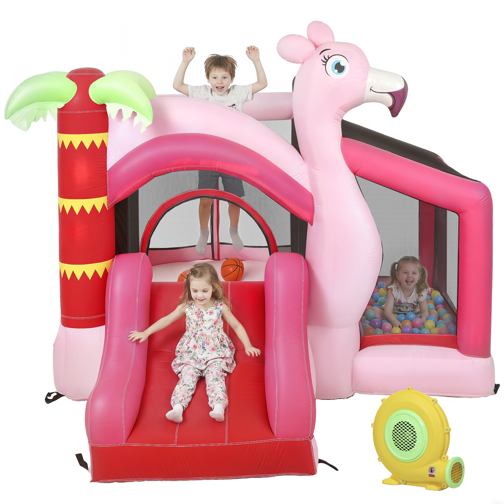 Qaba Inflatable Bounce House with Ball Pool, Basketball Hoop, Jumping Bouncy Castle with Blower for