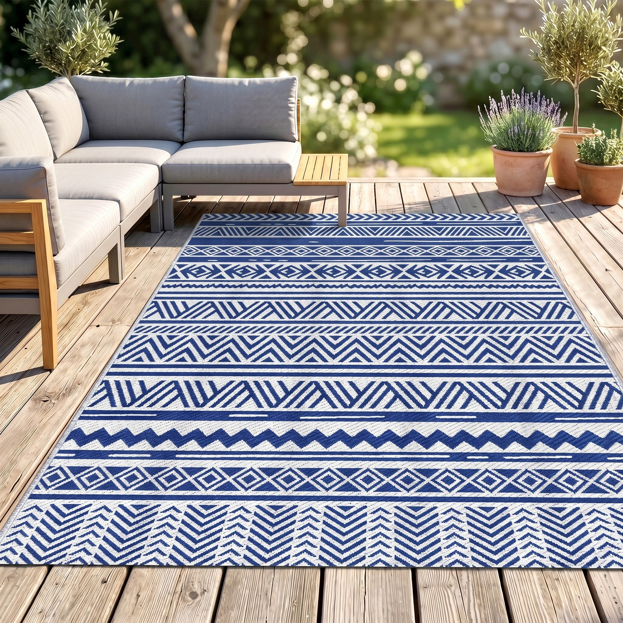 Outsunny Reversible Outdoor Rug, Patio Floor Mat, 6' x 9' Plastic Rug for Backyard, Deck, Beach, Camping, Dark Blue and White Aosom Canada