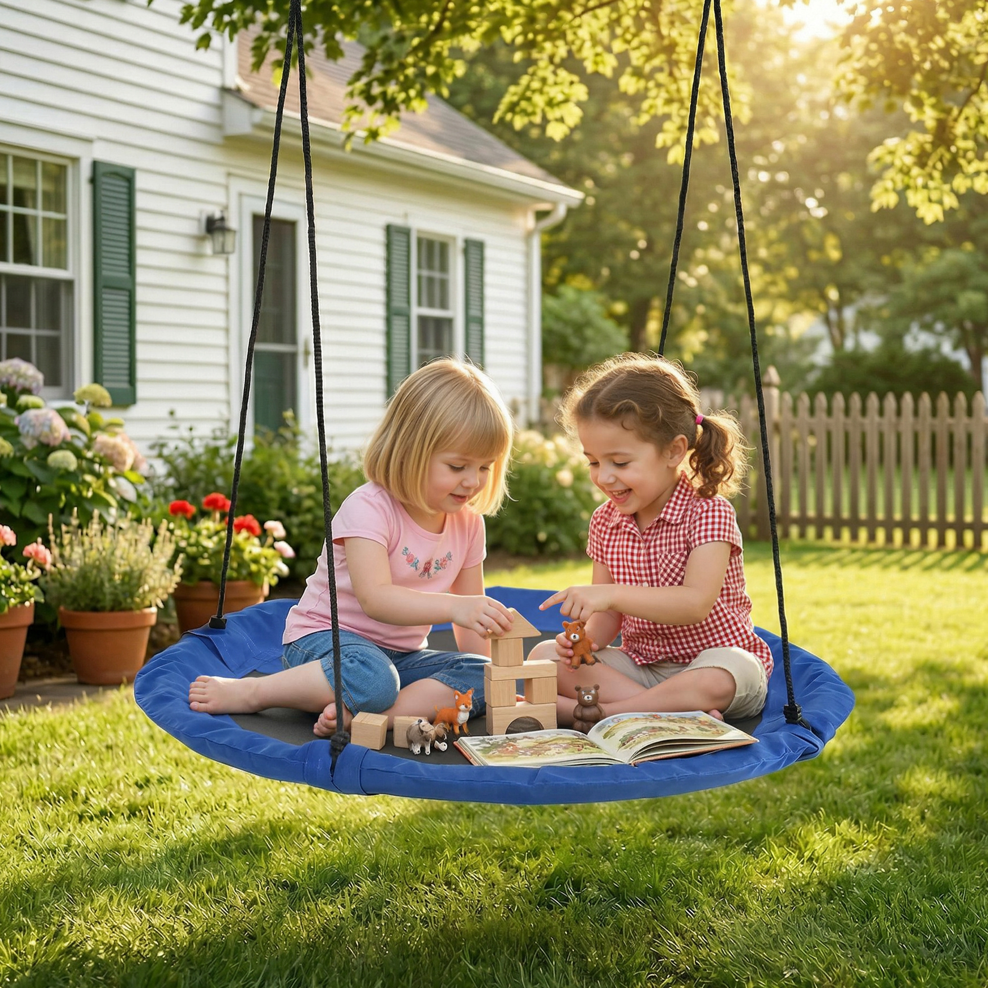 Outsunny Giant Saucer Tree Swing, 43.25" Nest Web Rope Hanging Seat for Backyard Playground - Blue Aosom Canada