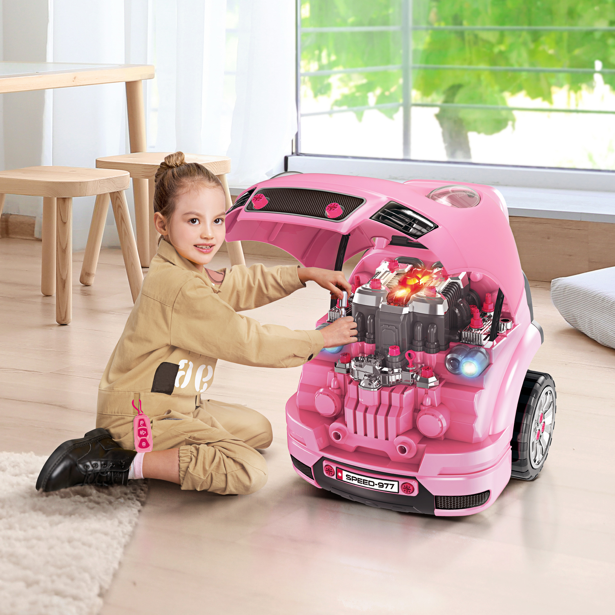 Qaba Kids Mechanic Truck Engine Repair Toy Set Car Service Pink Playset with Tools for Pretend Play Aosom Canada