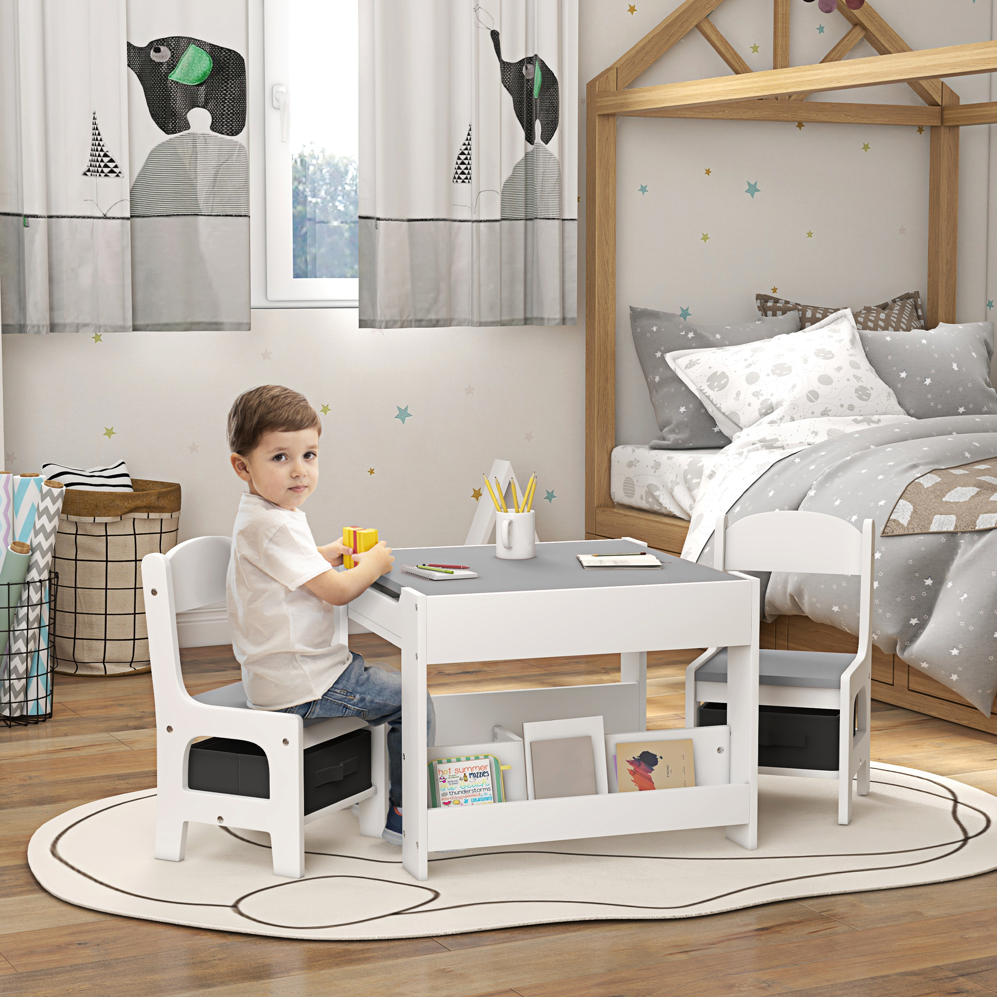 Qaba 3-Piece Kids Playroom Set with Reversible Tabletop, Blackboard, Storage & Bookshelf in Grey Aosom Canada