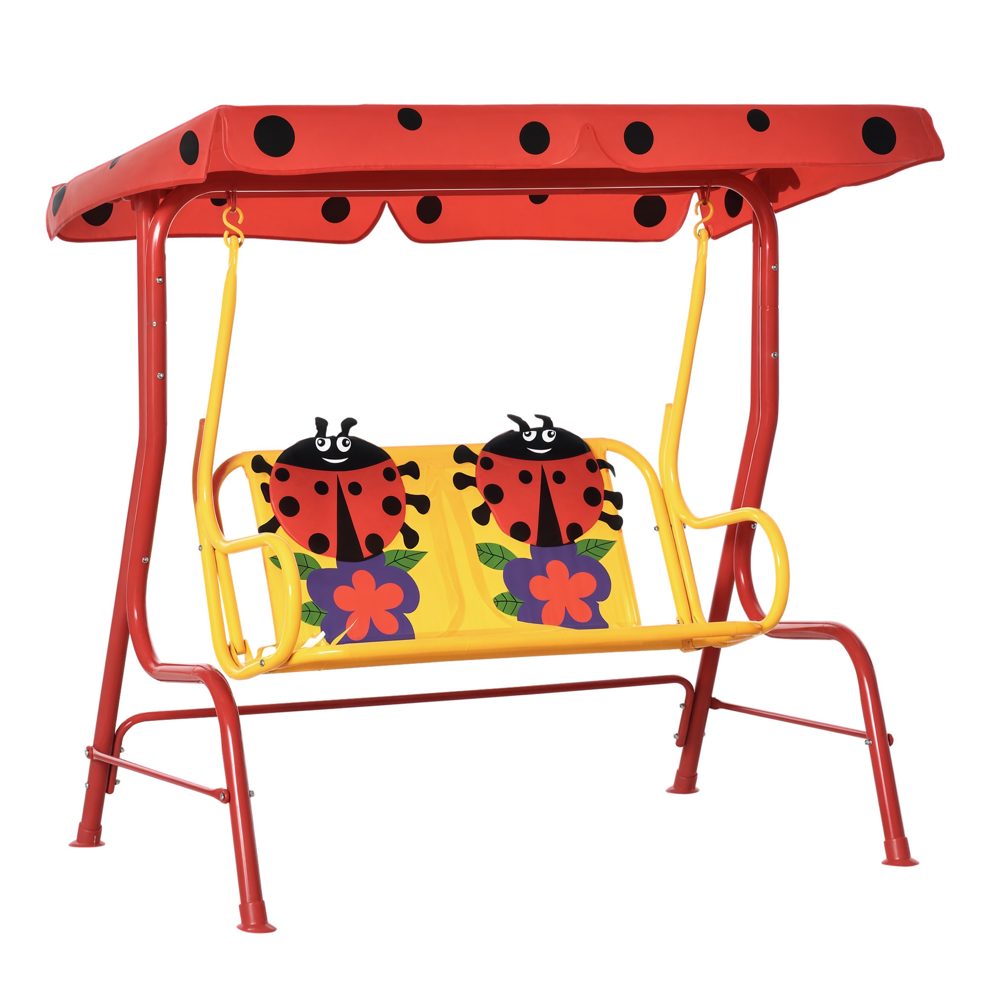 Outsunny Kids Patio Swing, Adjustable Canopy Swing Glider, Kids Outdoor Swing Chair with 2 Seats, Seat-Belted Safety, Red