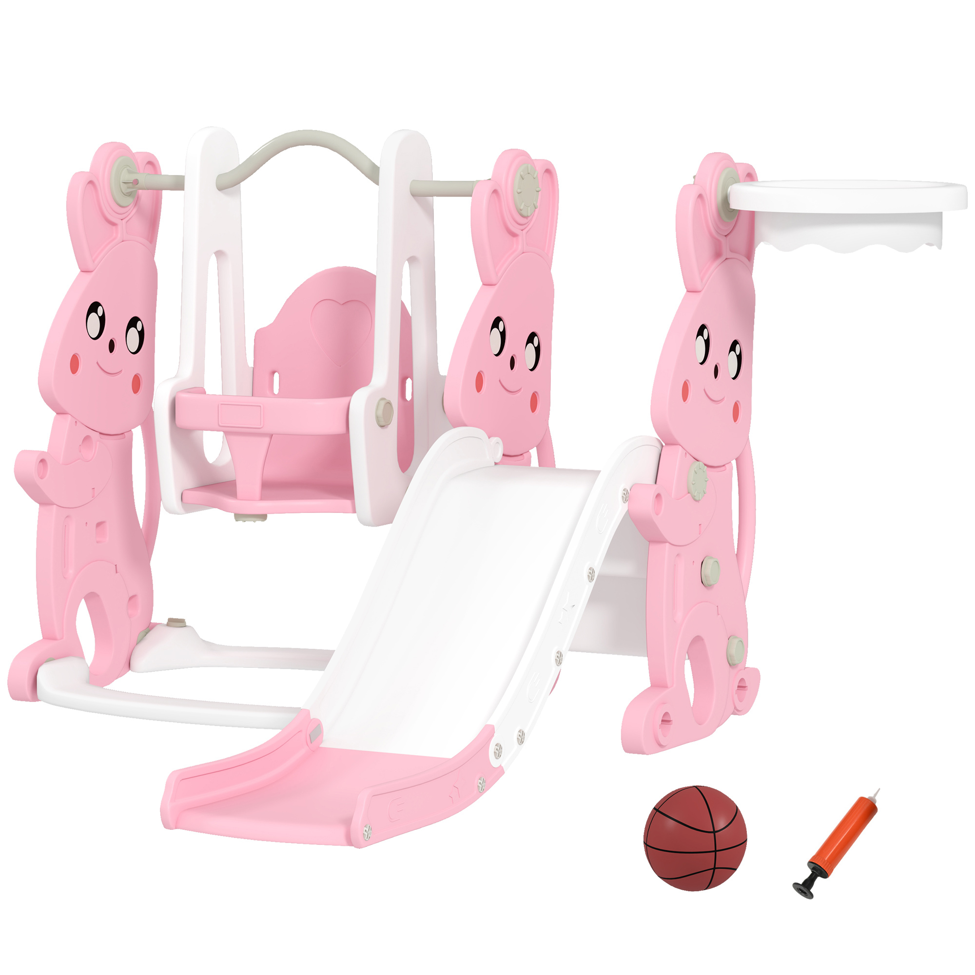 Qaba 4 in 1 Toddler Slide and Swing Set with Climber, Basketball Hoop, Rabbit Themed Kids Playset for Ages 1.5-4, Pink