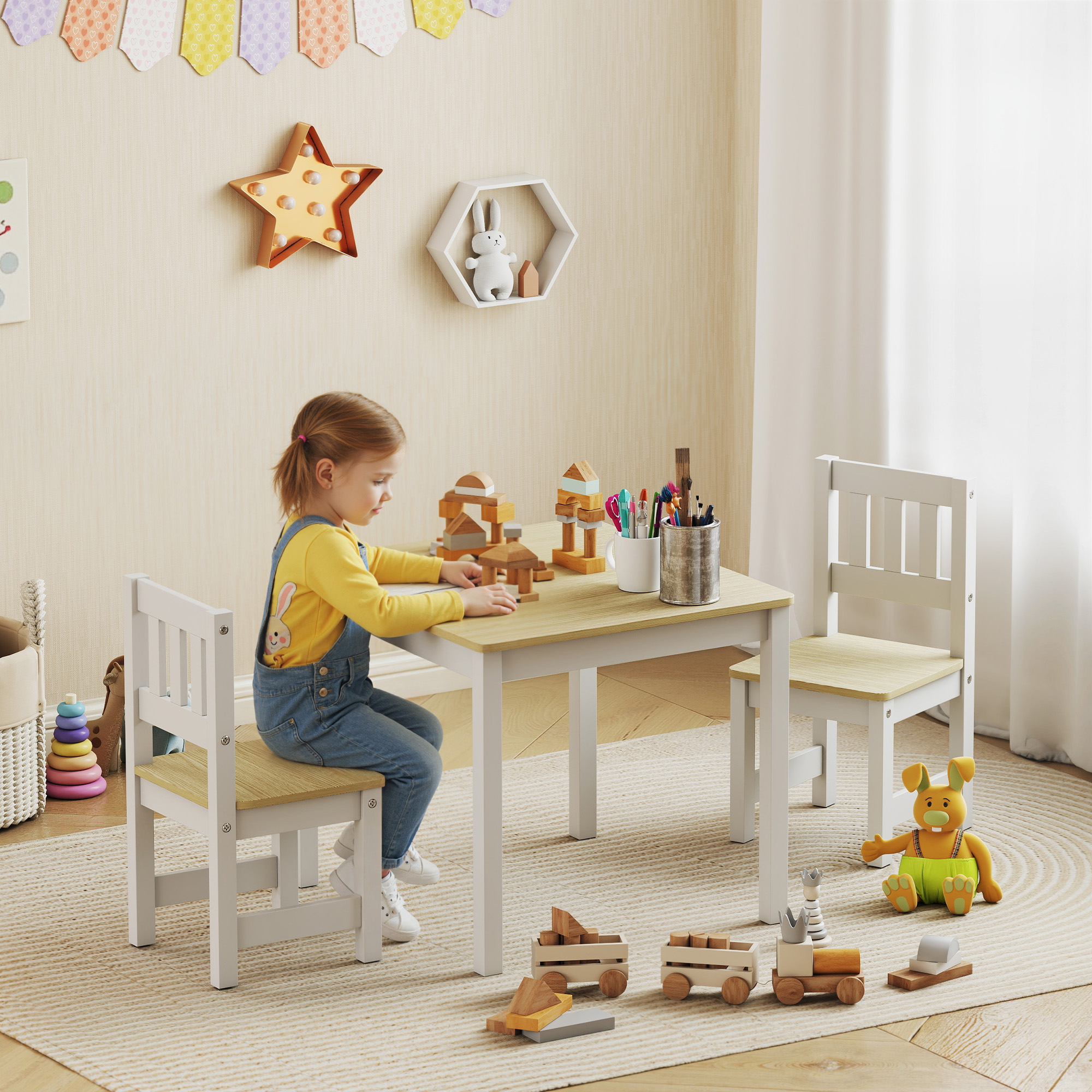 Qaba Kids Table and Chairs Set, Toddler Table and 2 Chair Set for Activity, Art, Craft, Reading, Learning, Natural Aosom Canada