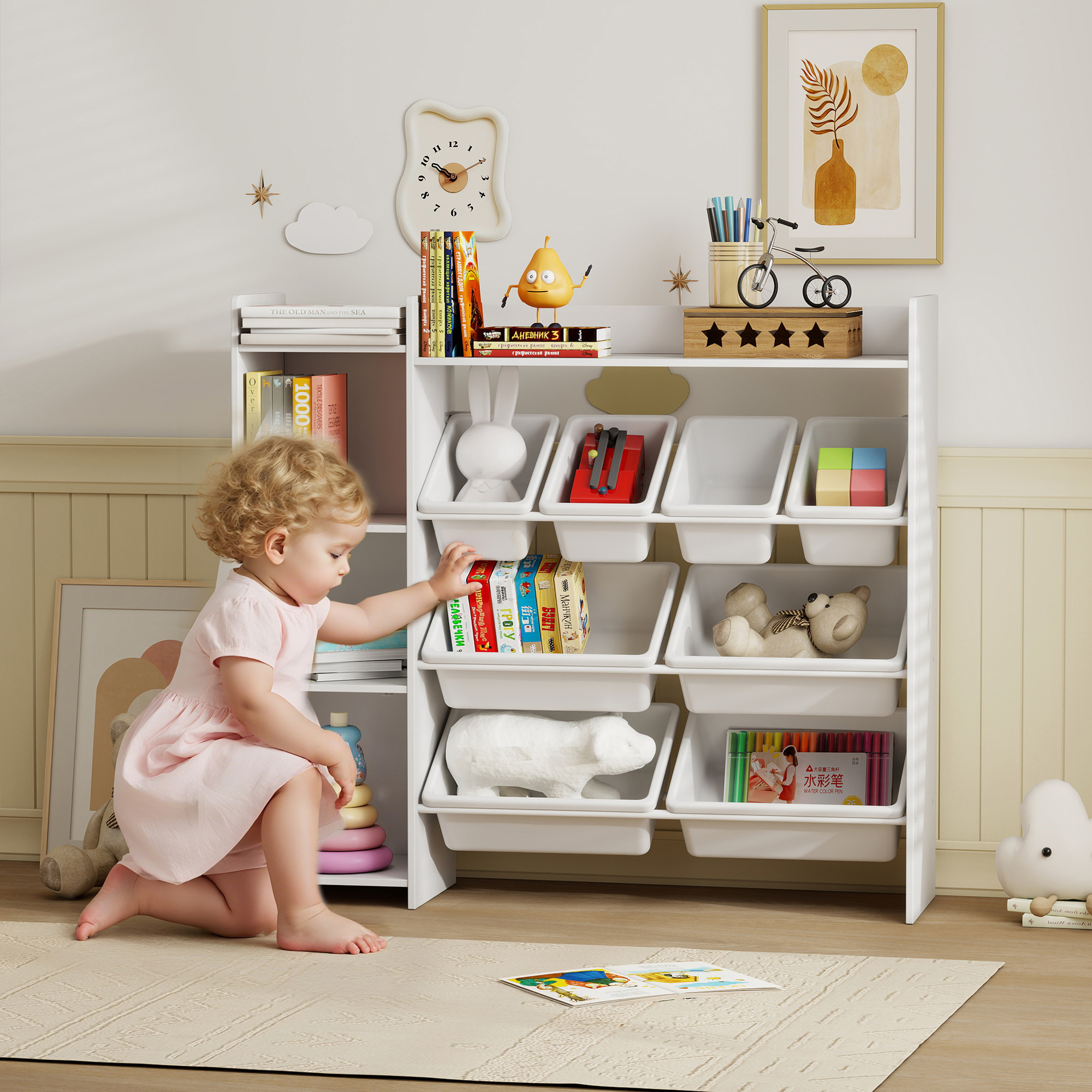 Qaba Kids Bookshelf and Toy Storage Organizer, Children Bookcase with 8 Removable Bins, Cabinet for Playroom, Kids Room, Nursery, White Aosom Canada