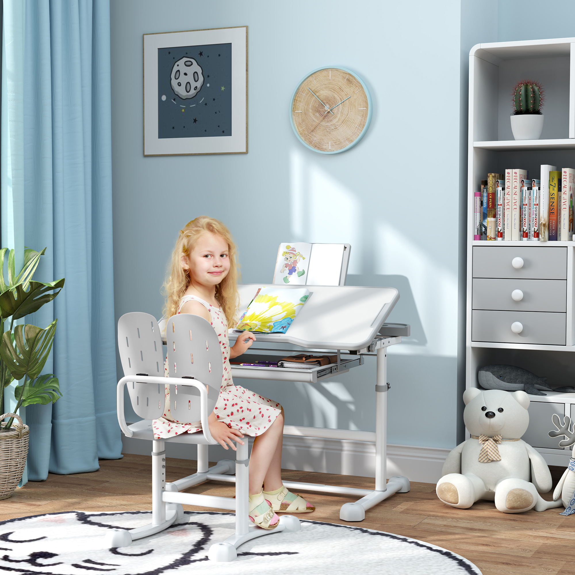 Qaba Height Adjustable Kids Desk and Chair Set with Tilt Desktop, Large Writing Board, Storage Drawer, Book Stand, Grey Aosom Canada