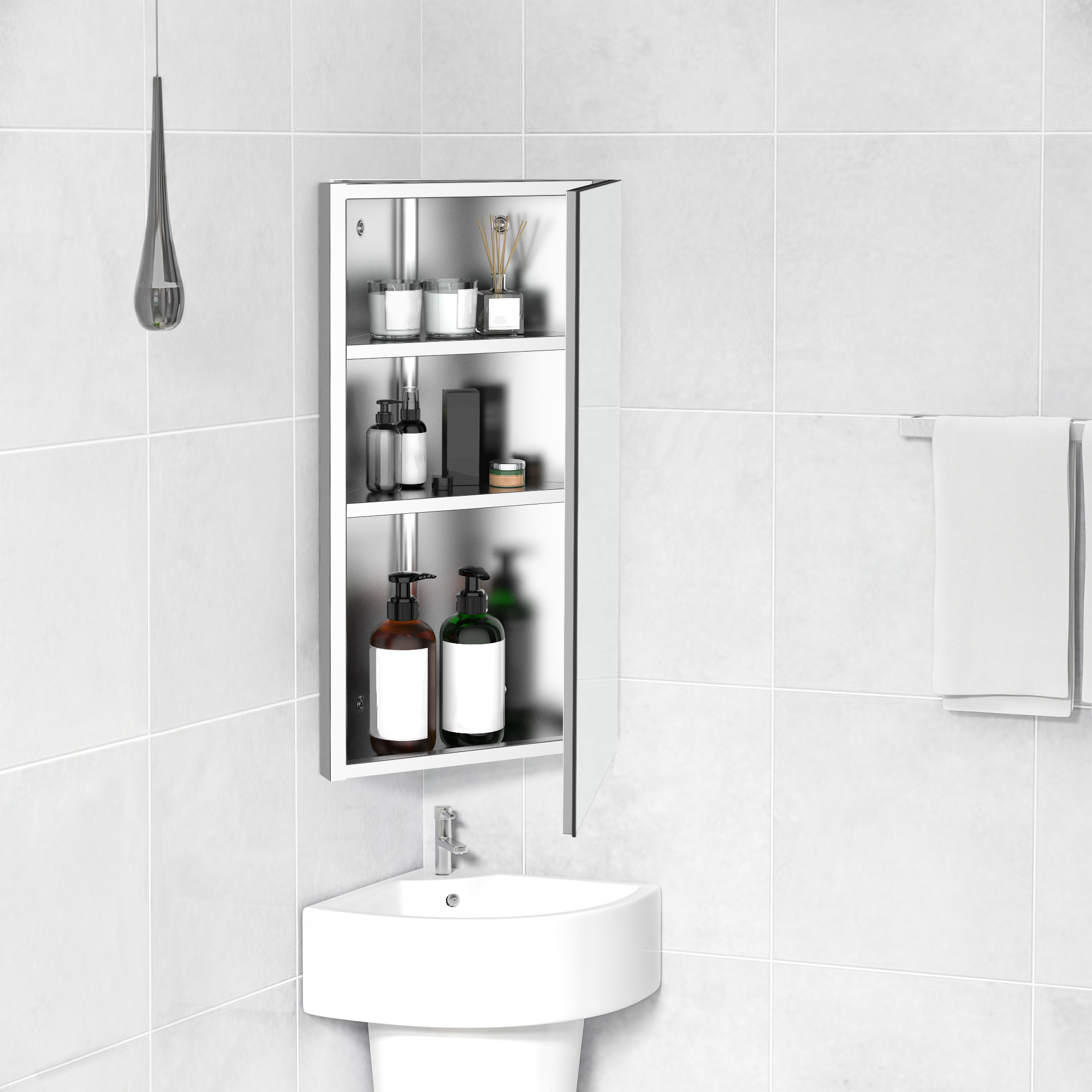 HOMCOM Sleek Corner Mirror Cabinet: Stainless Steel Wall Mounted Bathroom Storage with Single Door Aosom Canada