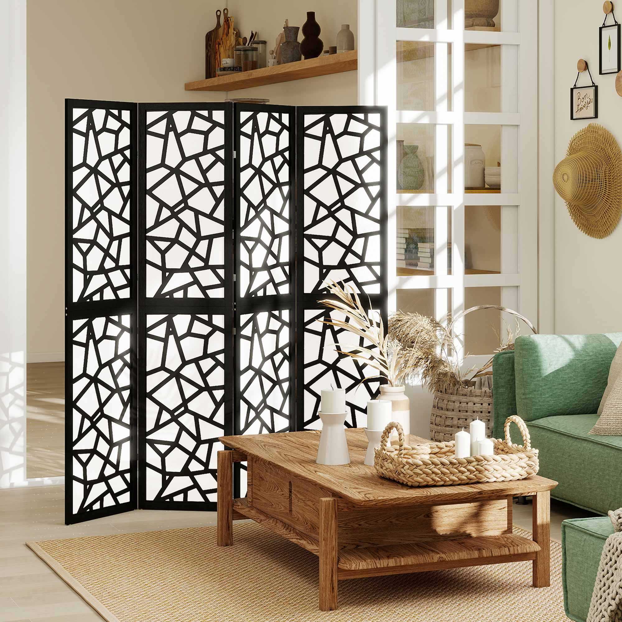 HOMCOM Room Divider 4 Panel with Geometric Pattern, 5.6 FT Lightweight Folding Partition with Wood Frame, for Living Room, Black Aosom Canada