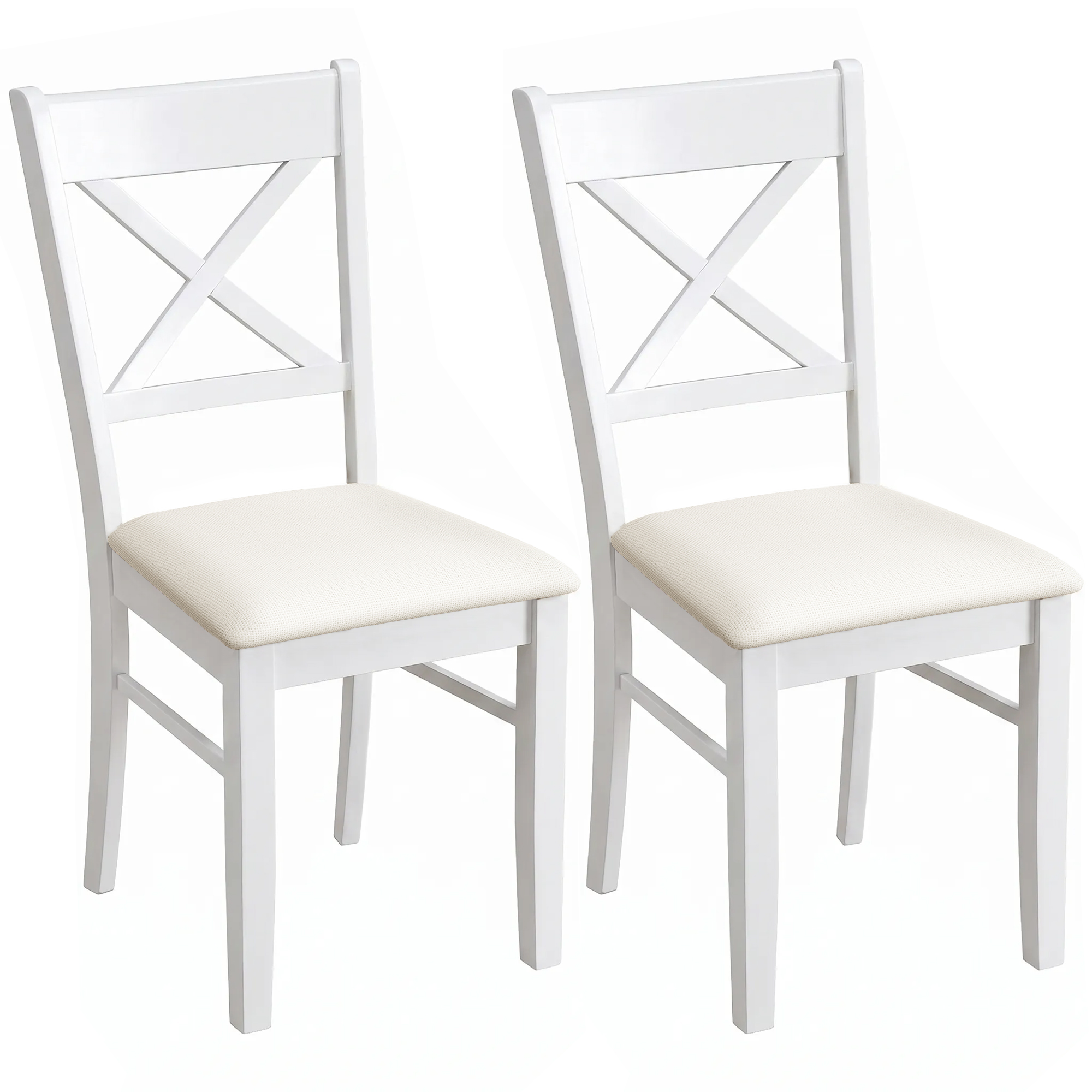 HOMCOM Dining Chairs Set of 2, Upholstered Kitchen Chairs with Rubberwood Frame, Padded Seat and X-Back, White