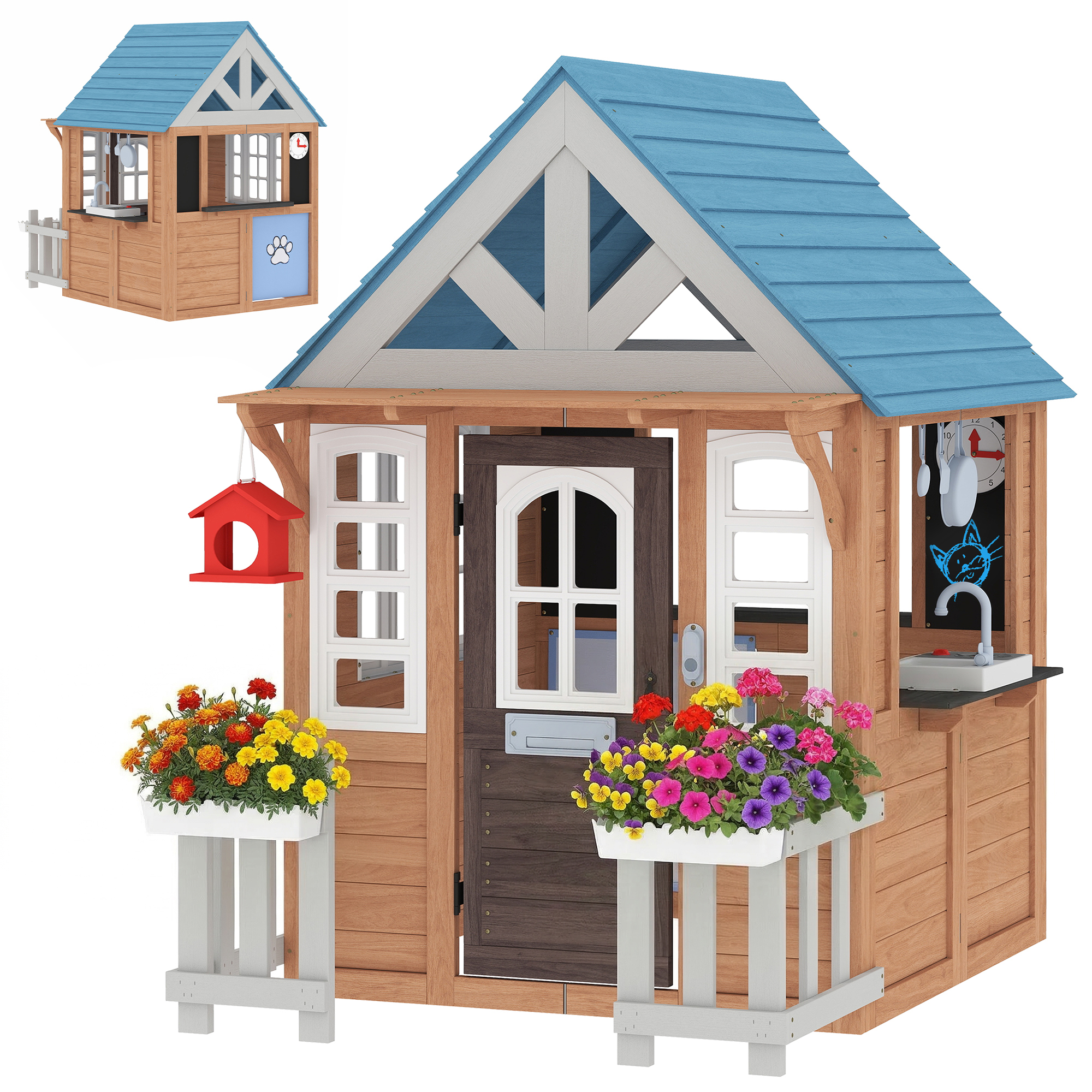 Qaba Wooden Kids Playhouse with Pet Door, Play Kitchen, Mailbox, Doorbell, Birdhouse, Fence and Windows for Pretend Play