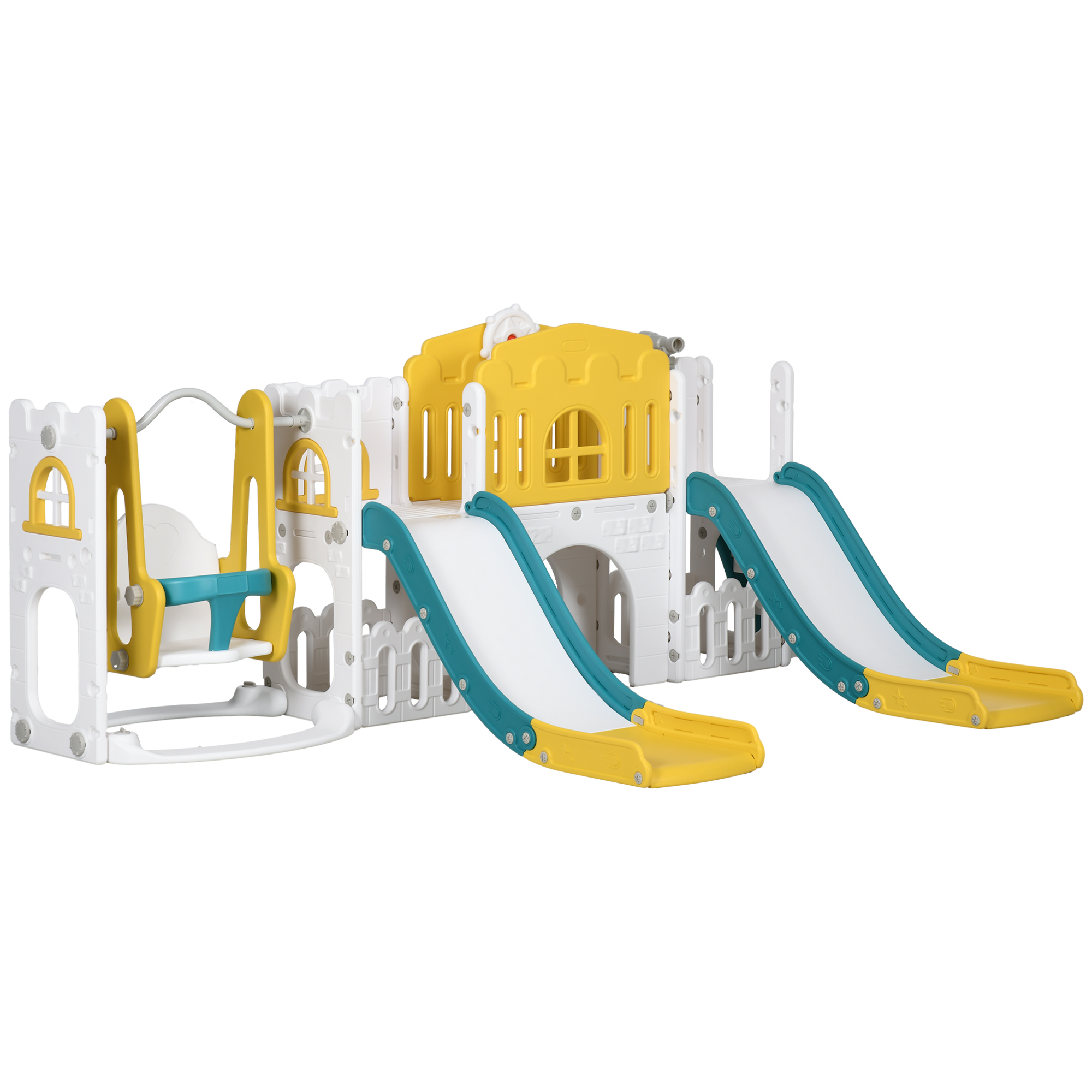Qaba 8 in 1 Toddler Slide and Swing Set w/ 2 Slides, Basketball Hoop, Climber, Storage Space Telescope, Yellow
