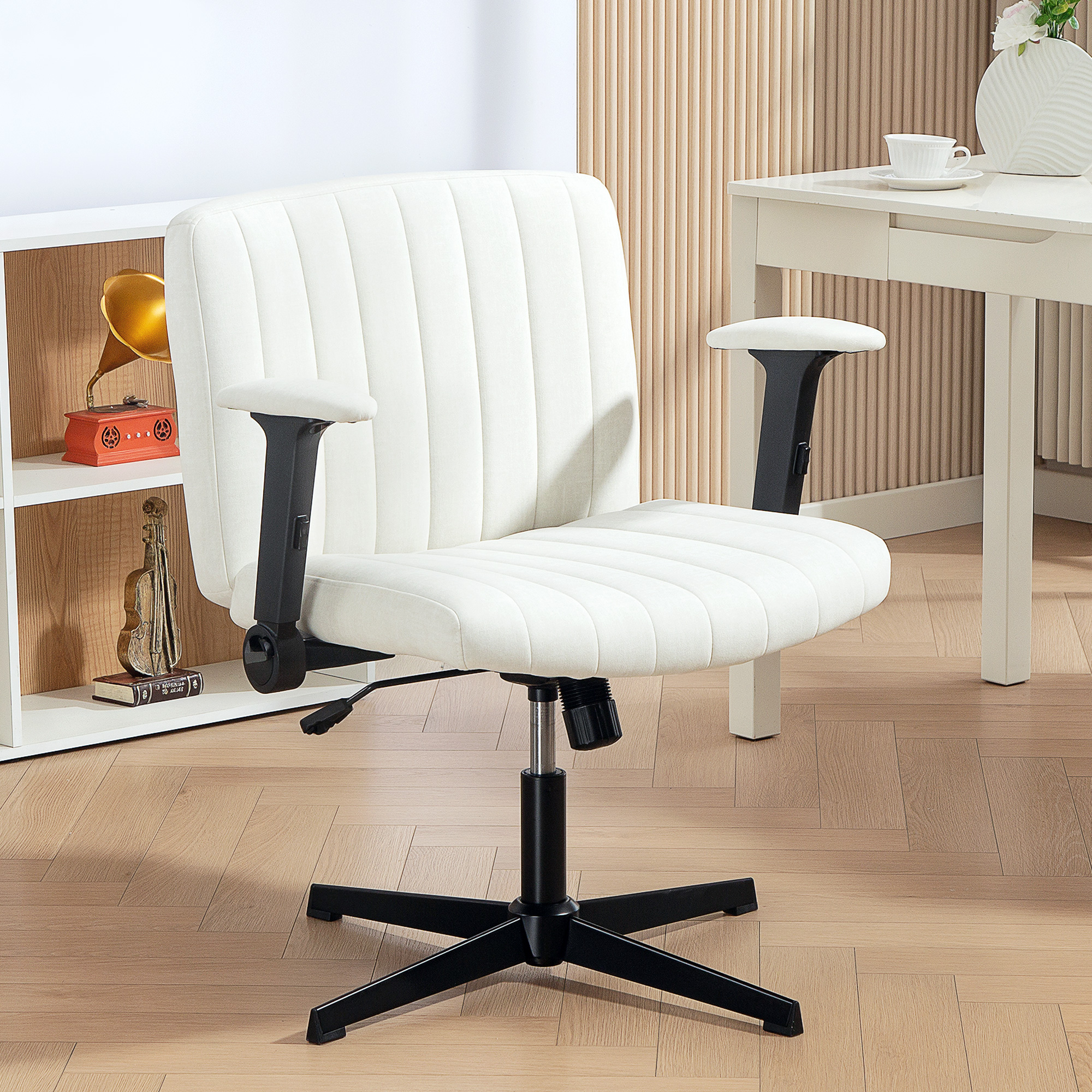 HOMCOM Criss Cross Chair with Flip-up Armrests, Wide Office Chair with Adjustable Height, Tilting, No Wheels, Beige Aosom Canada