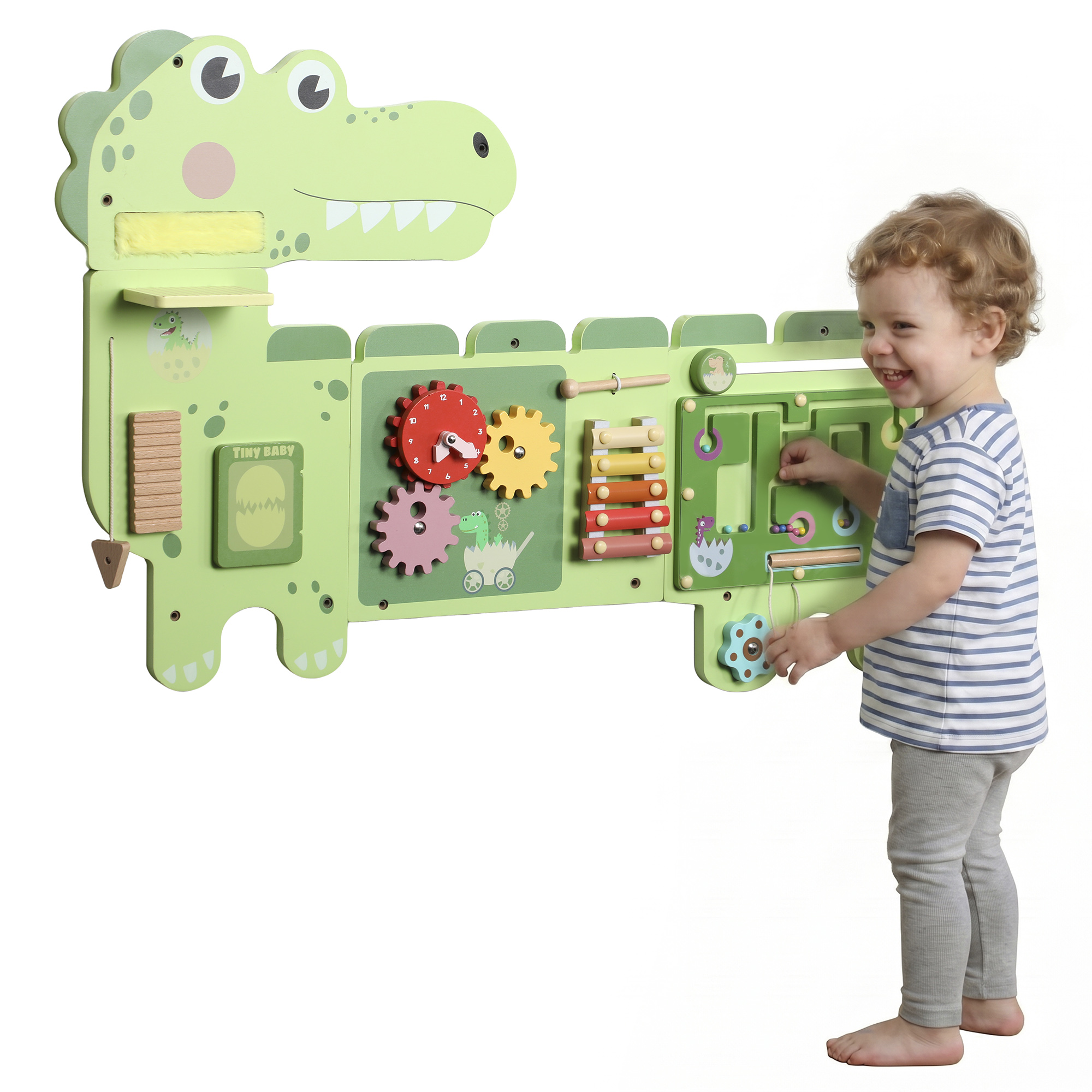 Qaba Busy Board Panels Wall-Mounted Montessori Sensory Toys Sensory Wall MDF 87 x 52 x 5.5 cm Dinosaur