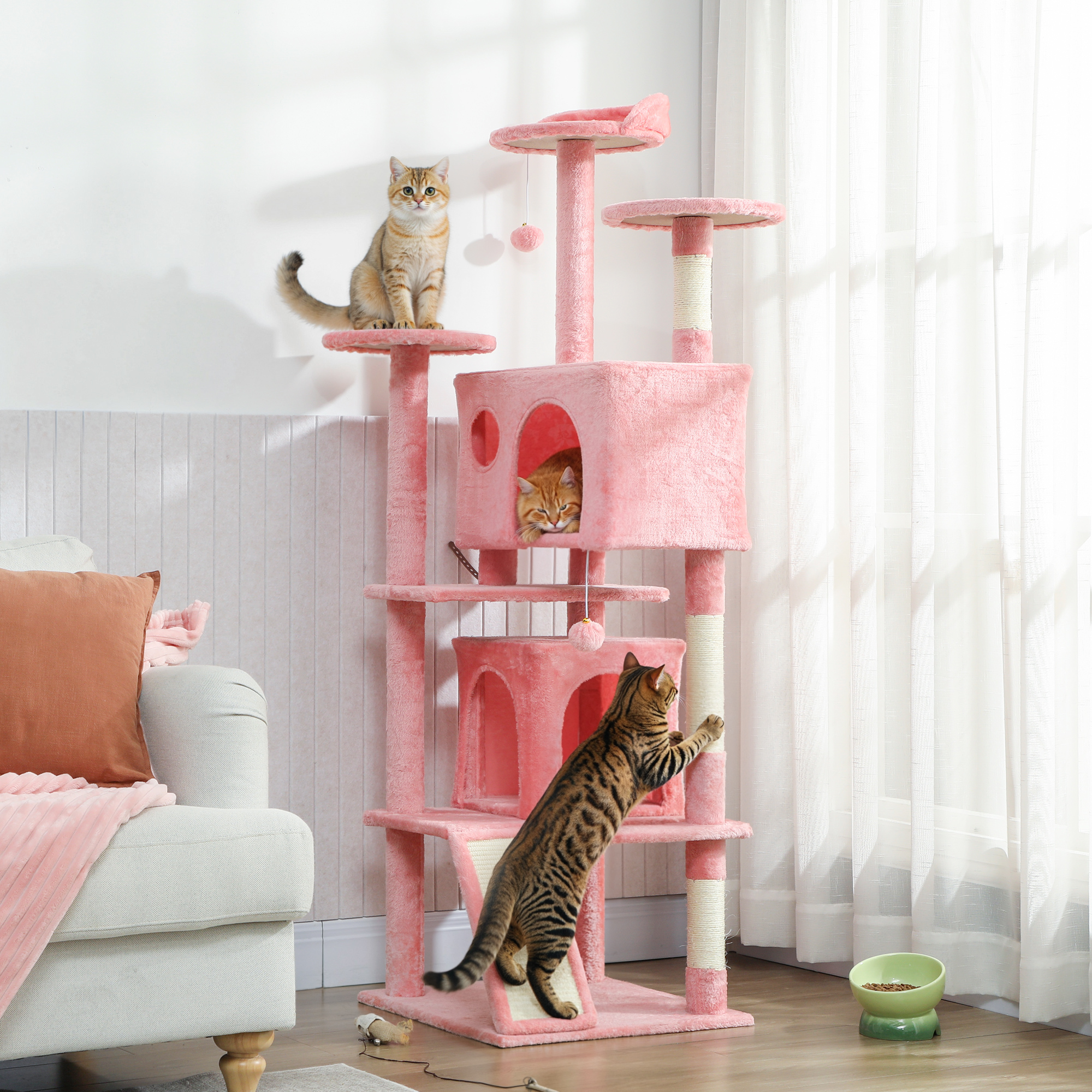 PawHut 63" Cat Tree, Multi-Level Cat Tower with Scratching Posts, Cat Condos, Bed, Platforms, Ramp, Toy Ball, Pink Aosom Canada