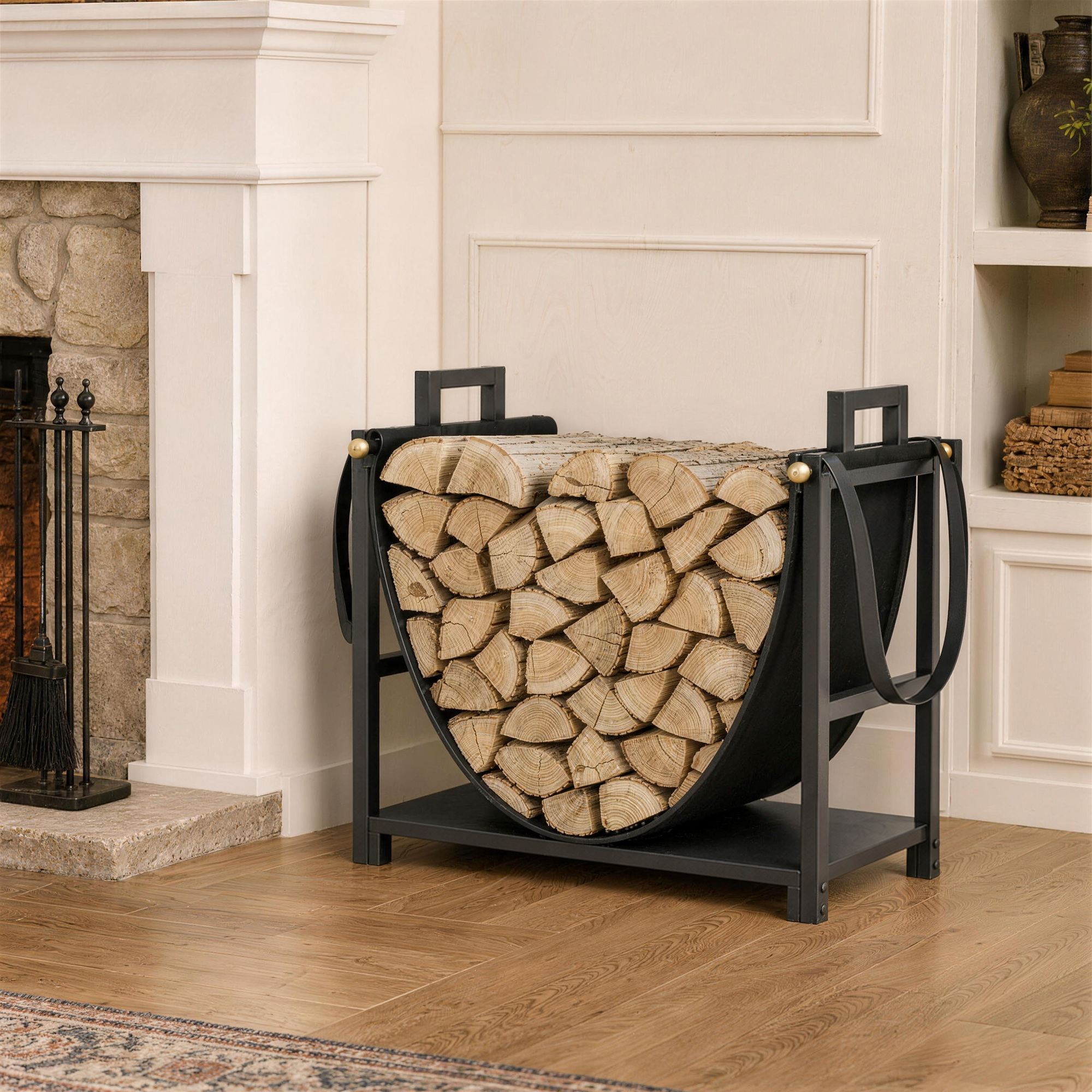 Outsunny 19 Inch Firewood Rack with Carrier, 110 lb Heavy Duty Steel Log Store Indoors, Fireplace Log Storage Holder, Black Aosom Canada