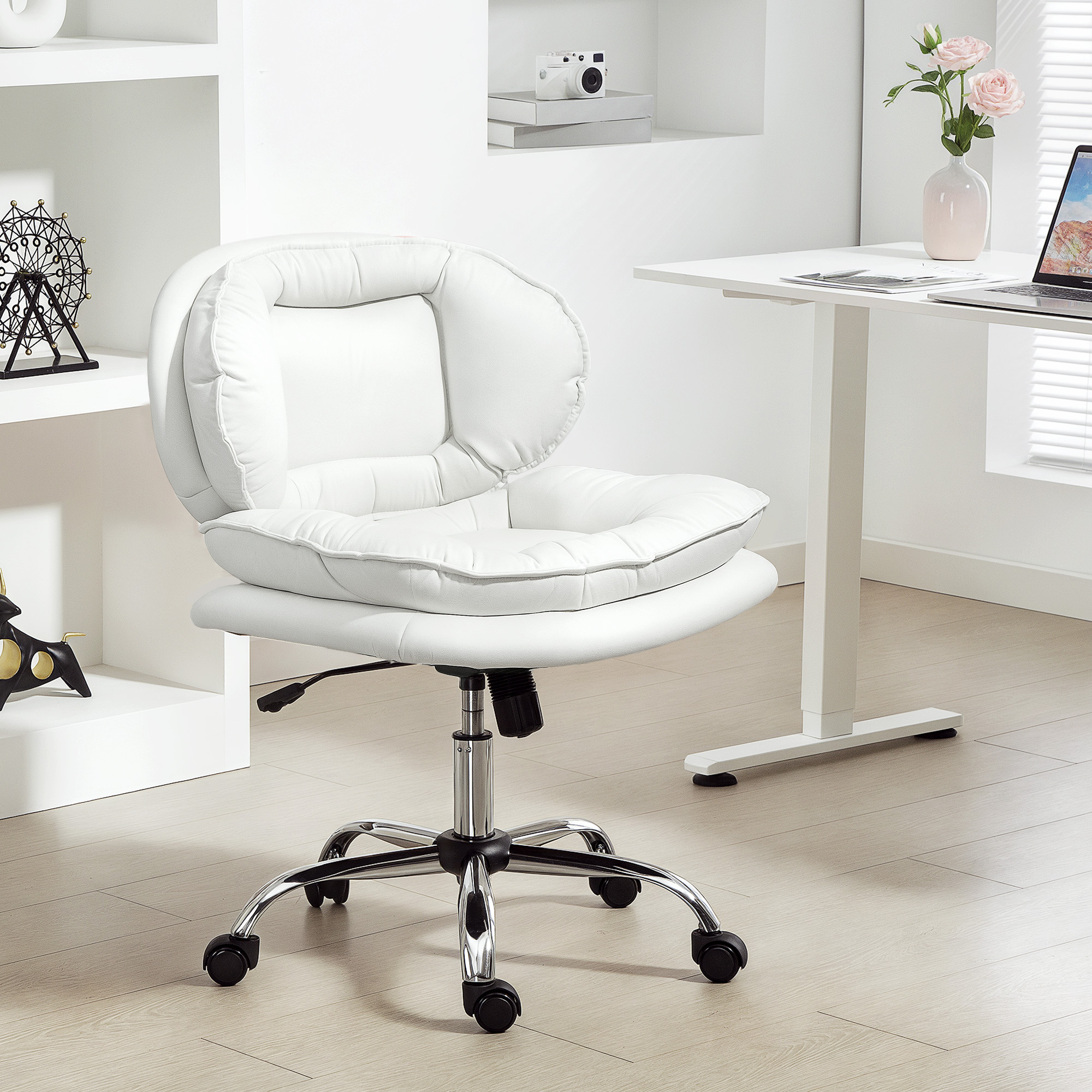 HOMCOM Criss Cross Chair, Swivel Wide Office Chair with Leathaire Upholstery, Tilting, No Arm, White Aosom Canada
